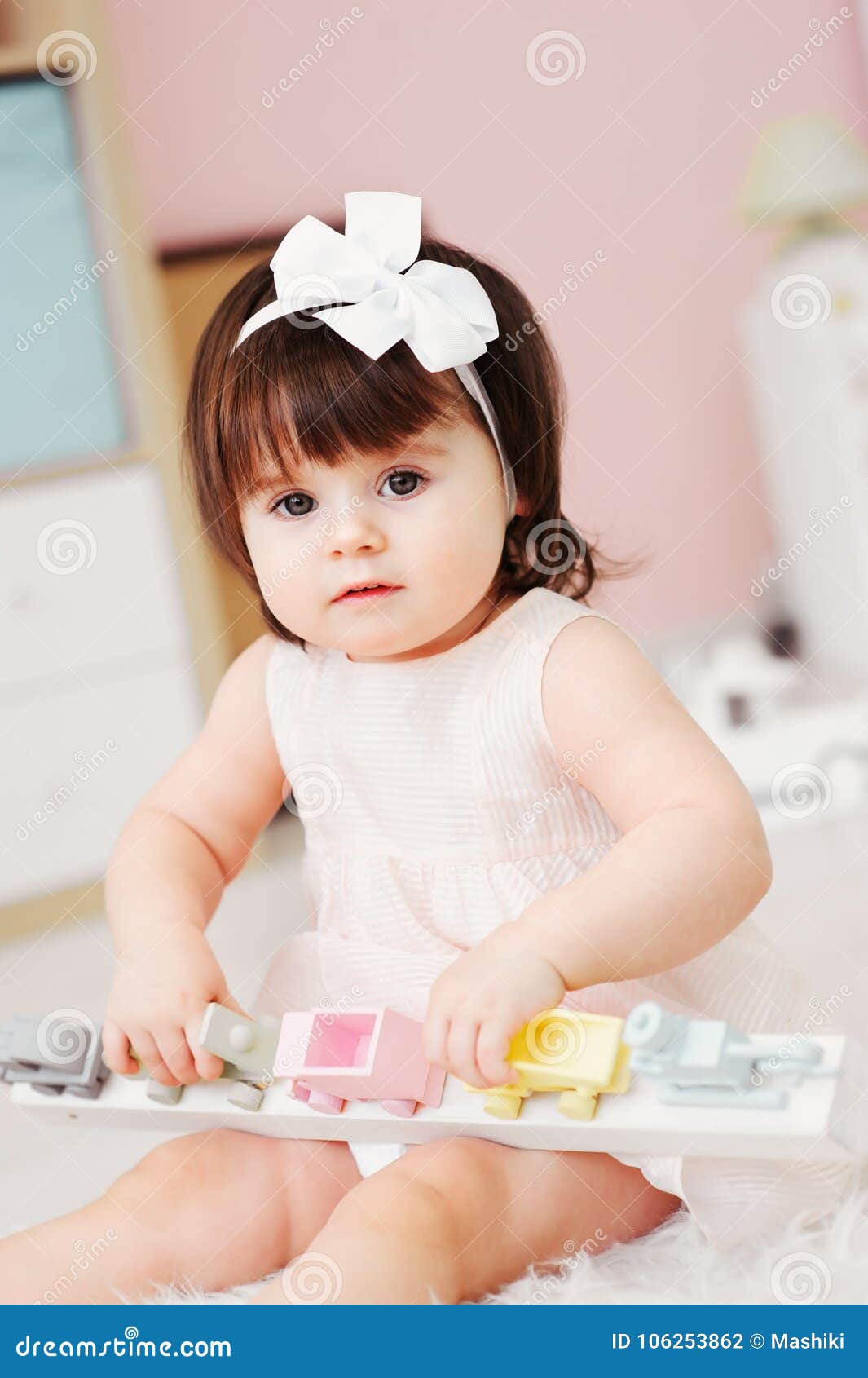 Cute Happy 1 Year Old Baby Girl Playing with Wooden Toys at Home ...