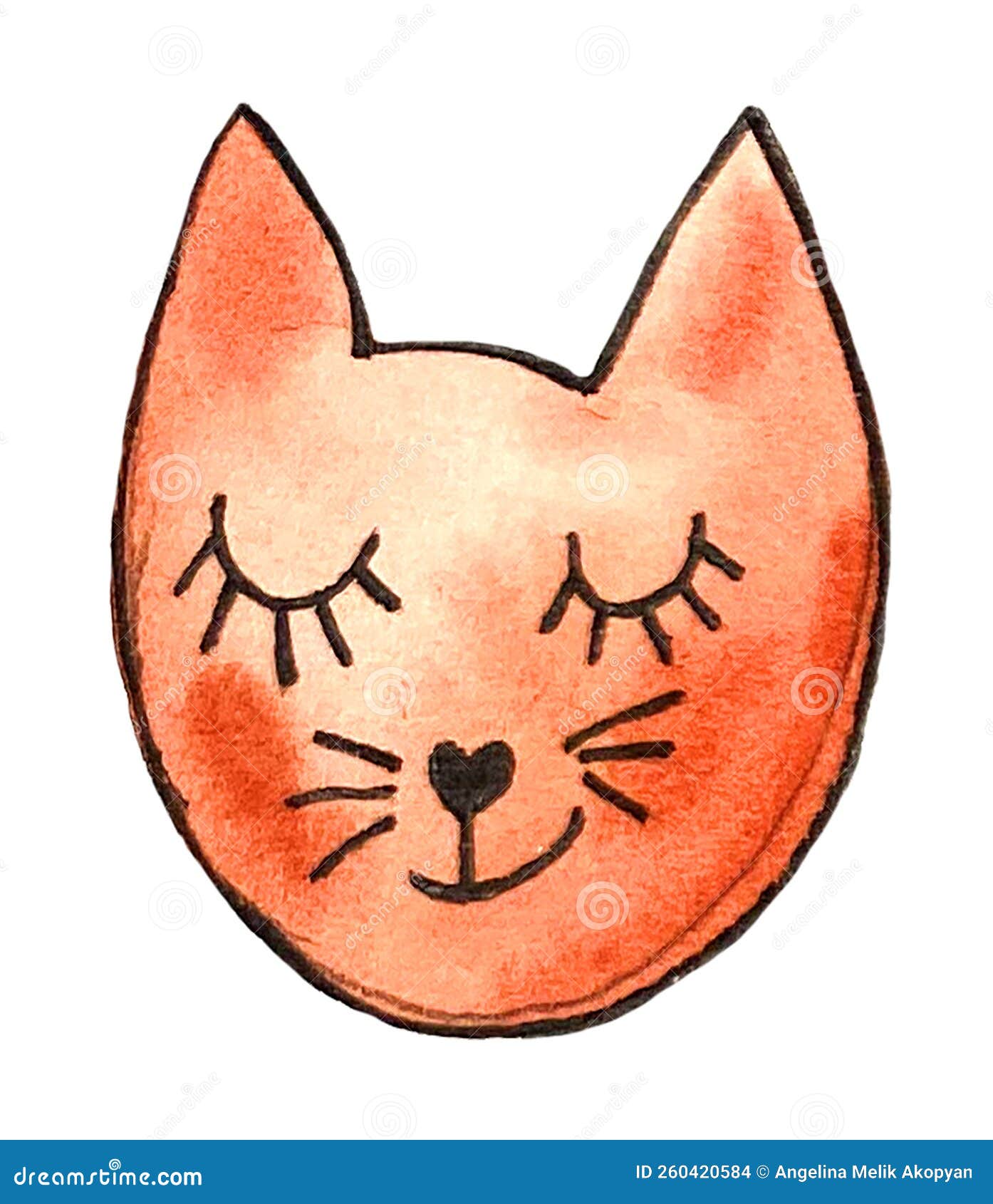 Cute Head of a Orange Cat. Watercolor Child Drawing Stock Illustration
