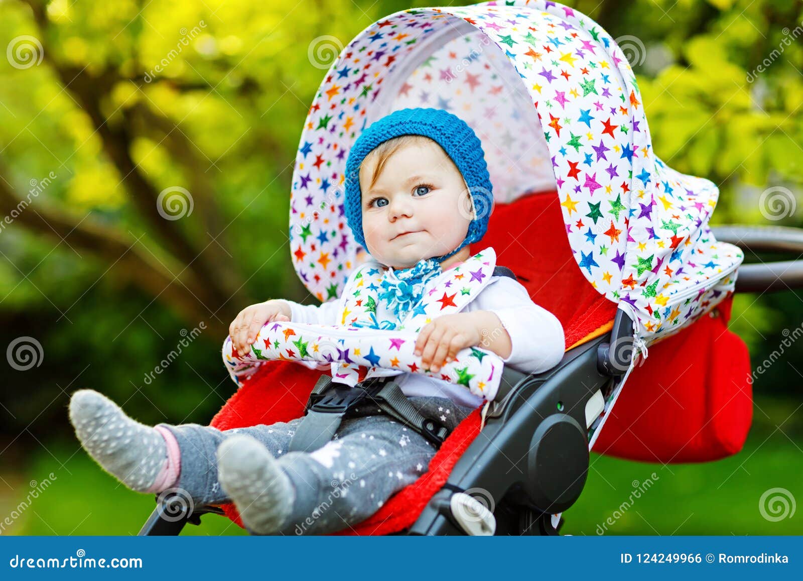 Cute Healthy Little Beautiful Baby Girl Sitting in Stylish Pram or ...