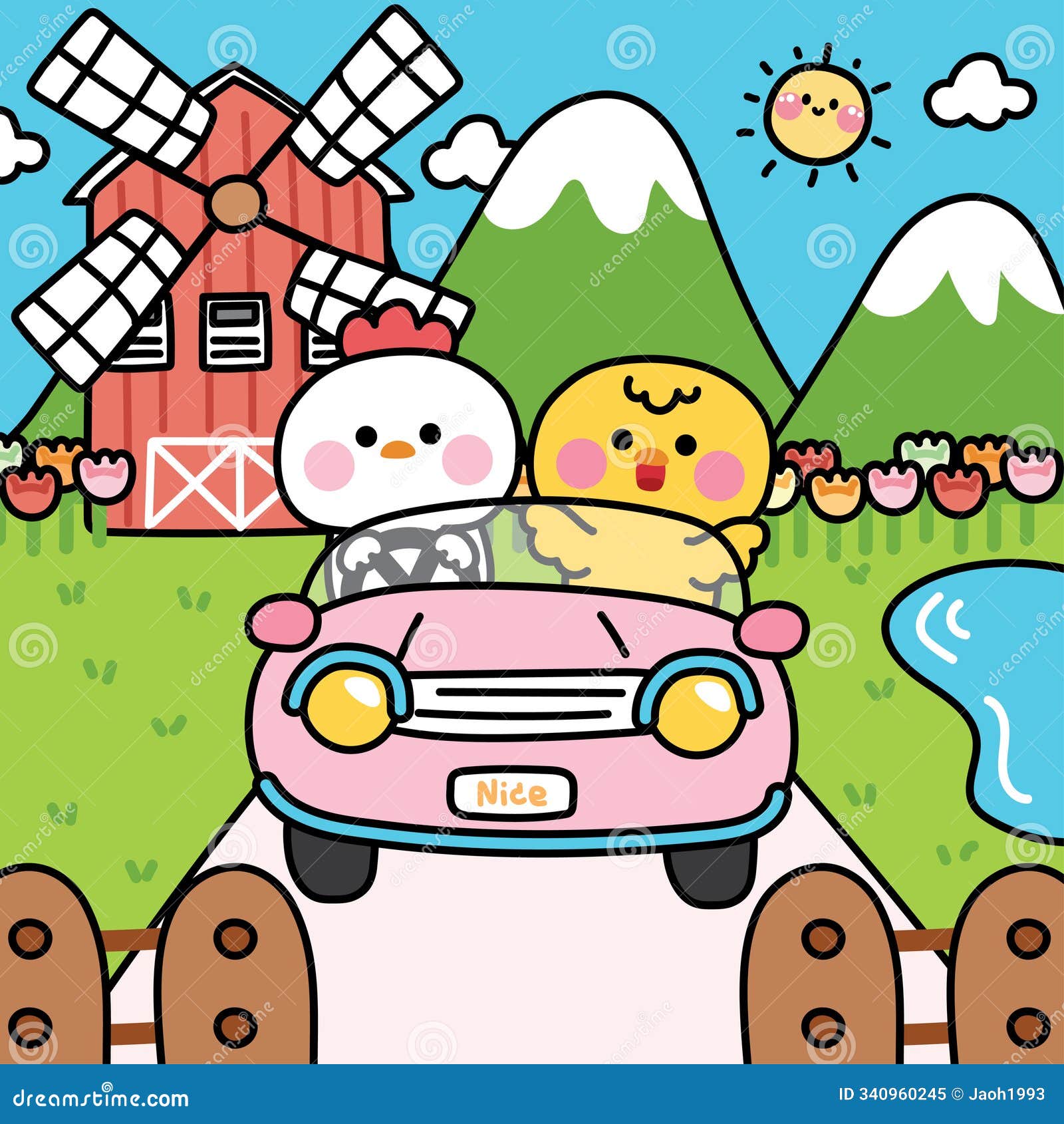 cute hen and chicken drive on car farm background.vehicle.mountain