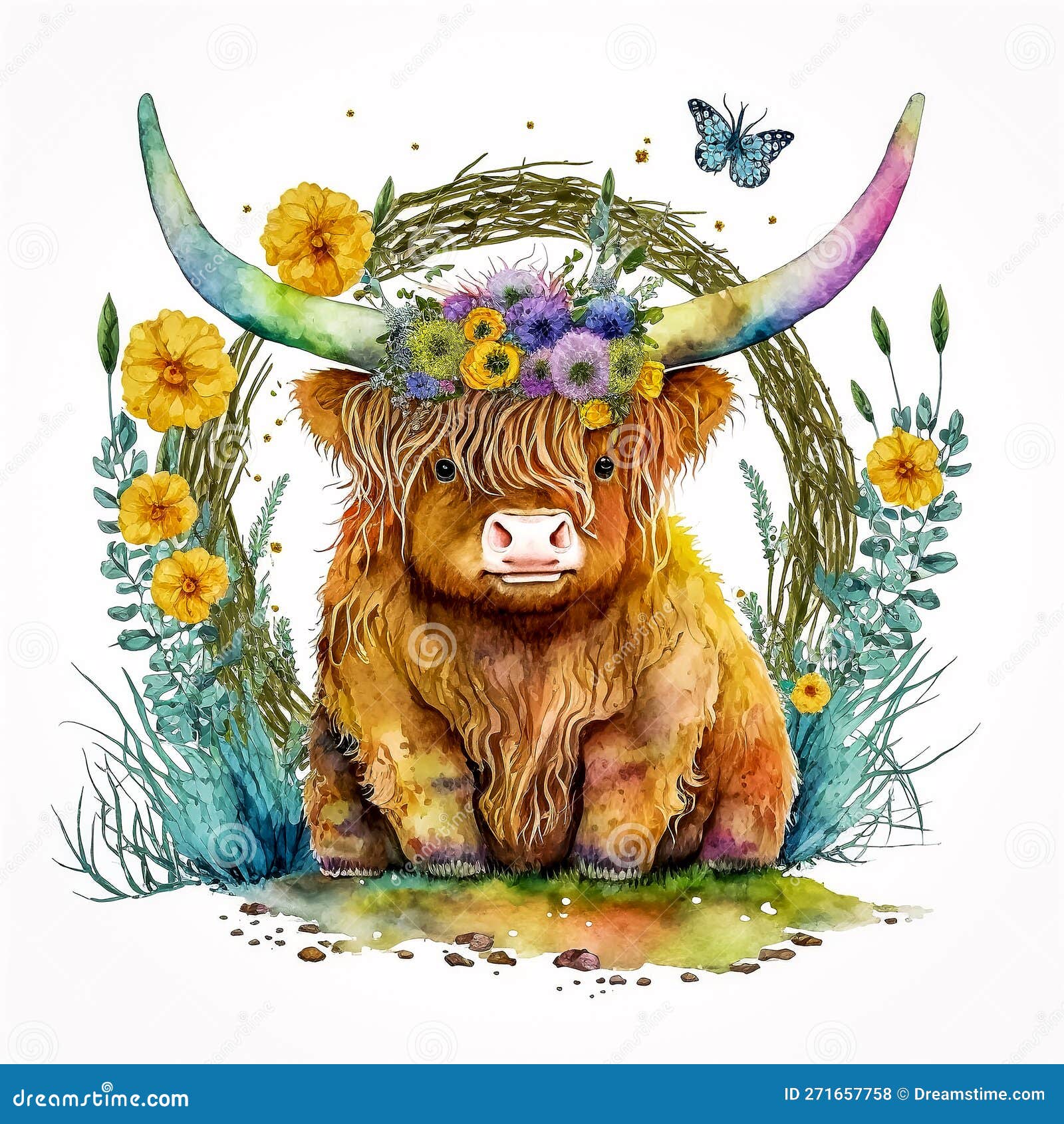 Art Photography Highland Cow With Flowers