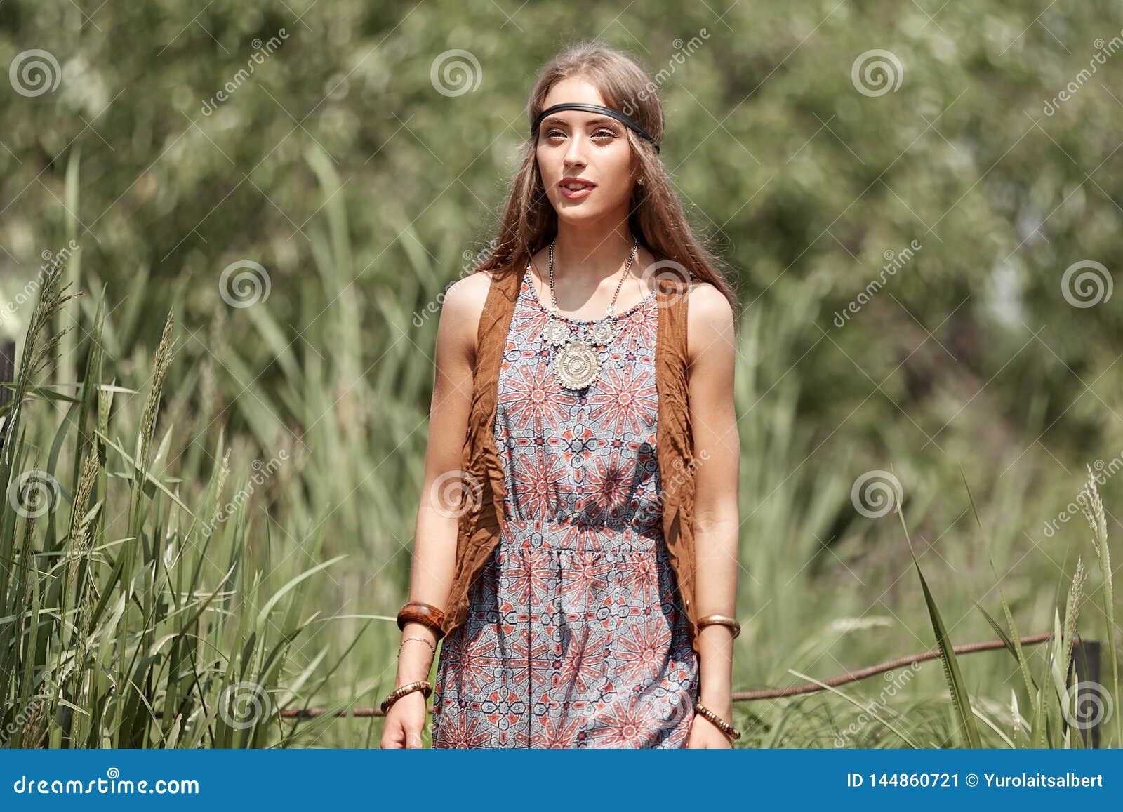 Cute Hippie Girl on the Background of Summer Park Stock Image - Image ...