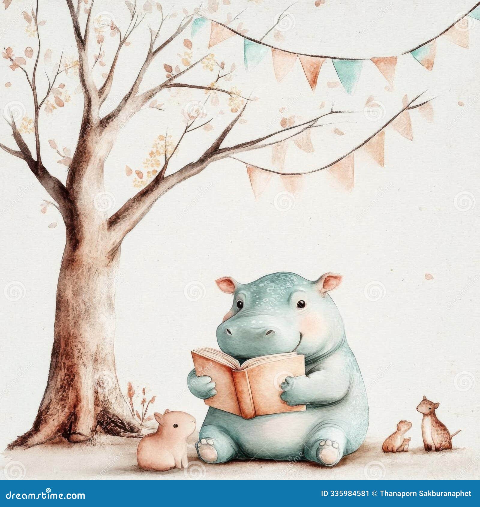 a cute hippo reading a book under a tree, surrounded by playful animals, creating a whimsical and serene atmosphere