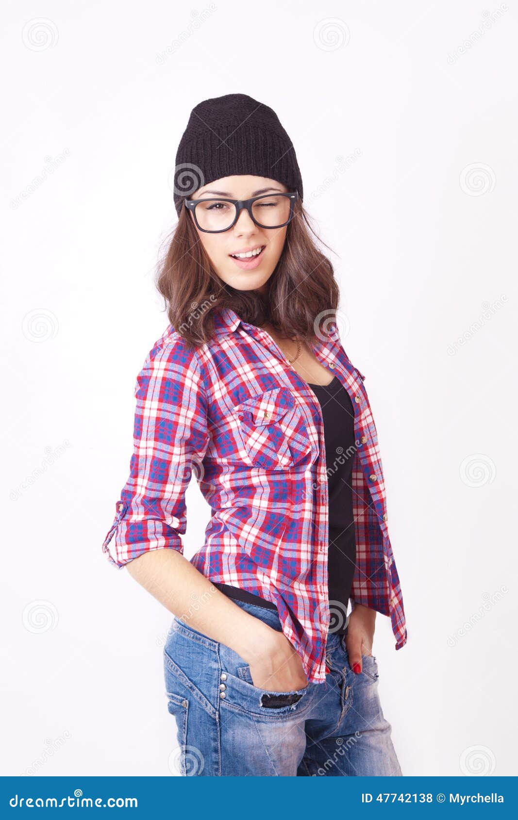 Attractive Young Woman In Glasses And Knitted Cap. Red Lipstick
