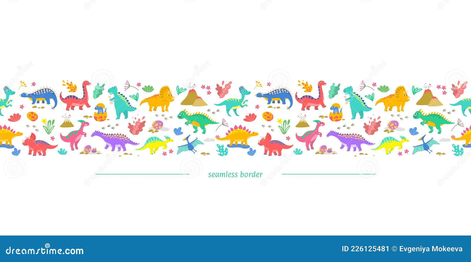 Cute Horizontal Seamless Border with Dinosaurs Stock Vector