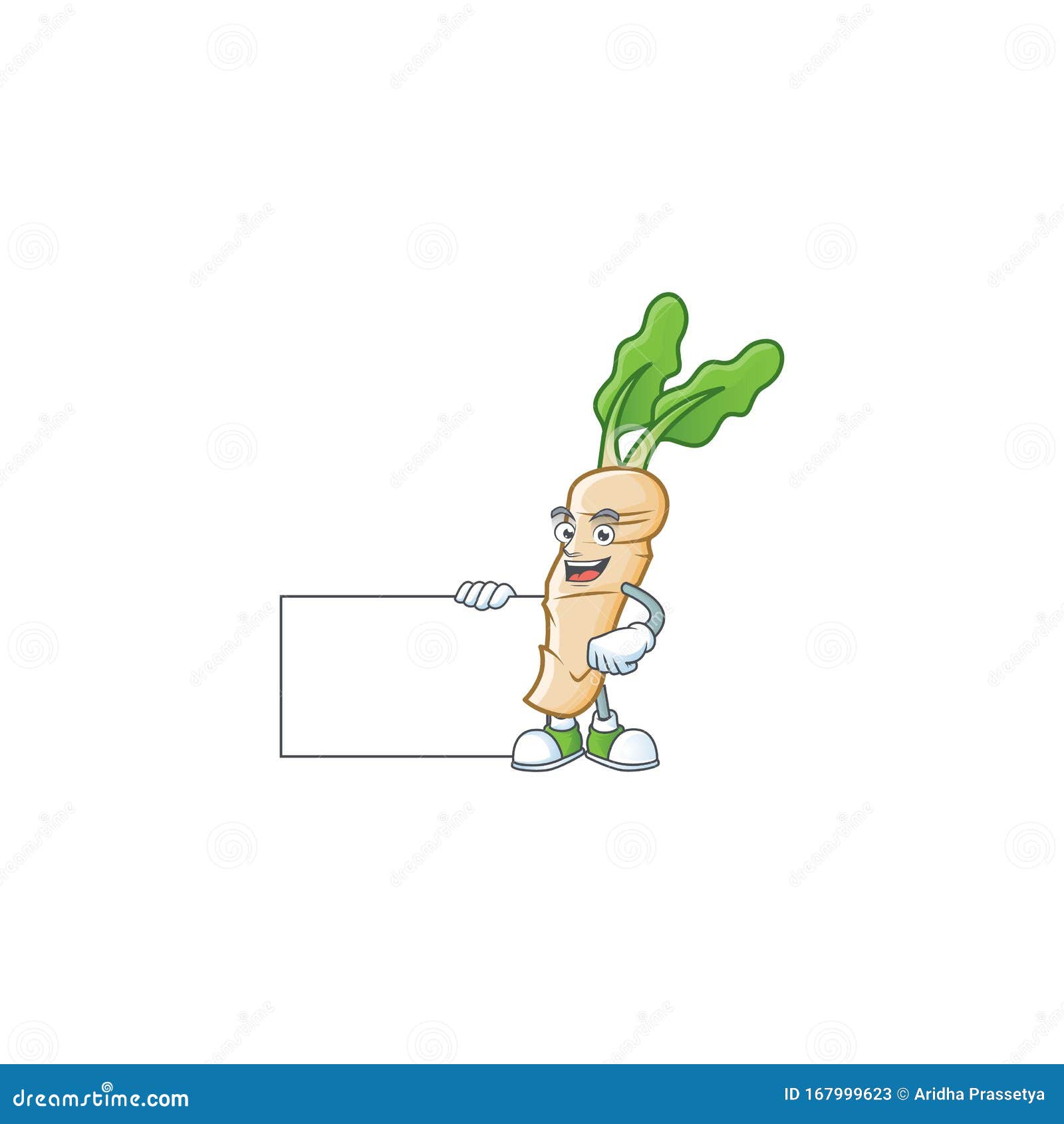 Cute Horseradish Cartoon Character with a Board Stock Vector
