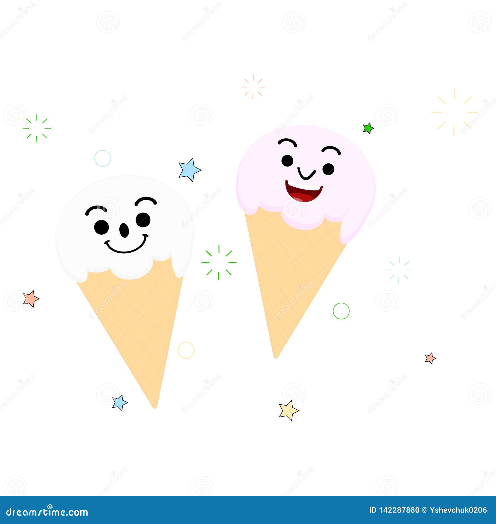 Cute Ice Cream Cartoon In Kawaii Style. Vector Illustration Stock