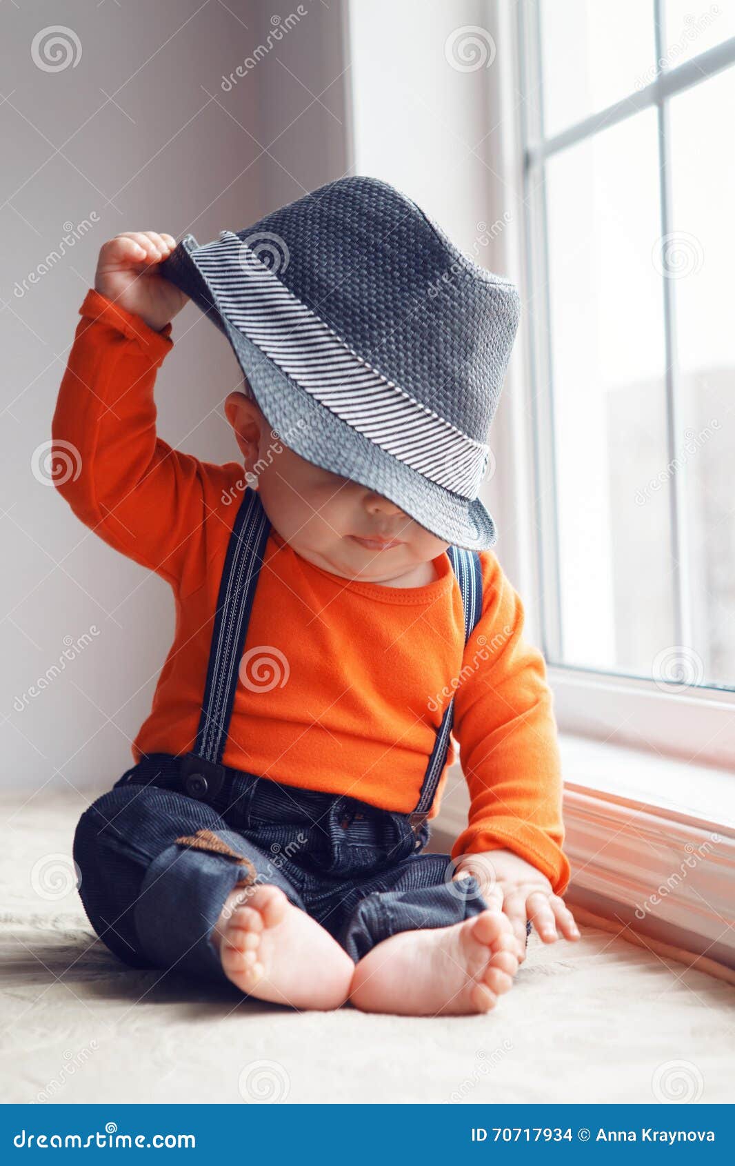 Cute Infant Baby in Hat Near Window Stock Photo - Image of ...