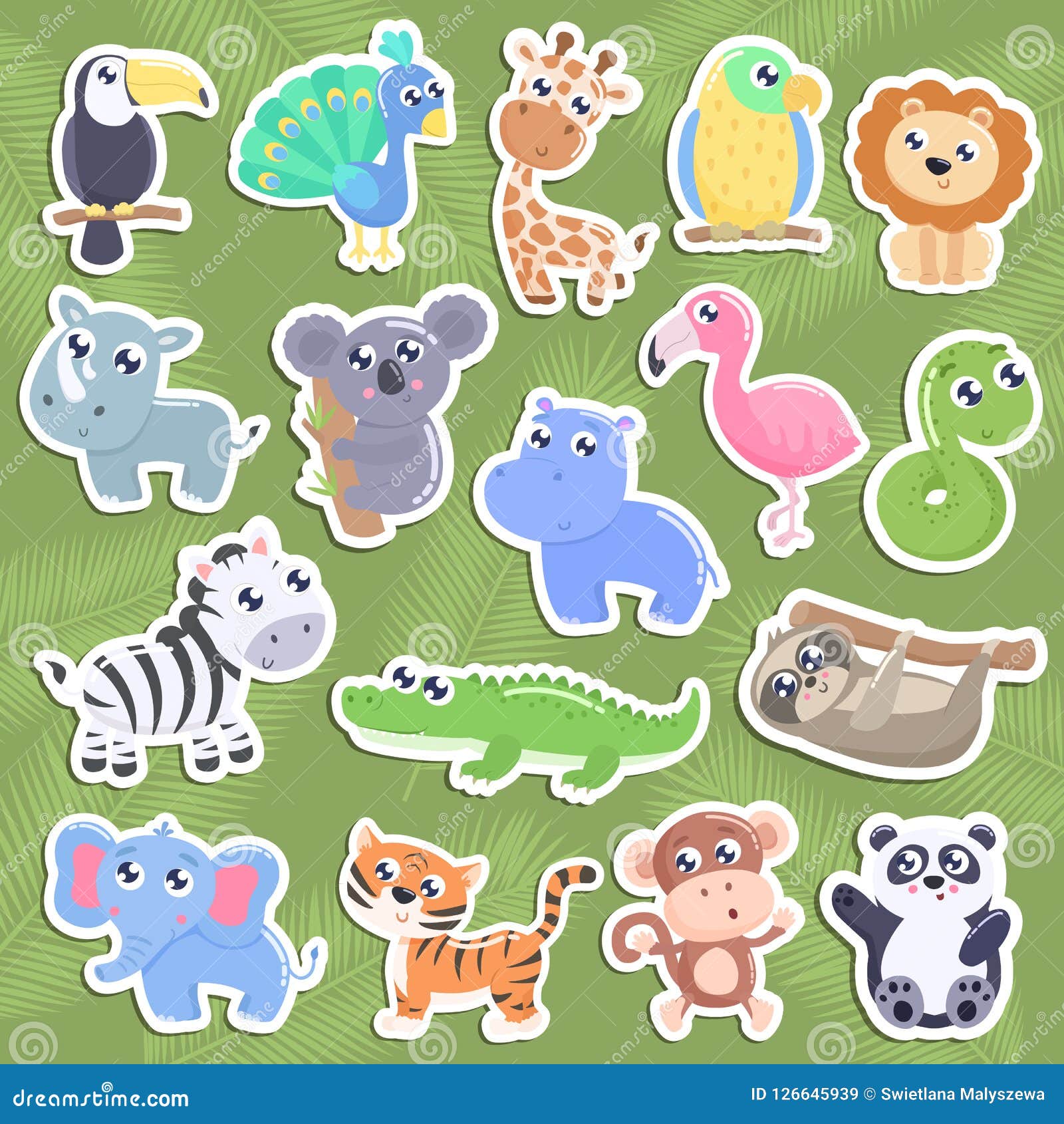 Cute Jungle Animal Stickers. Stock Illustration - Illustration of parrot,  flat: 126645939