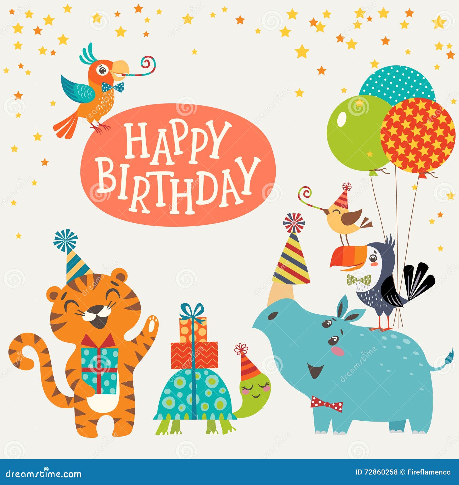 Cute Jungle Animals Happy Birthday Card Stock Vector Illustration