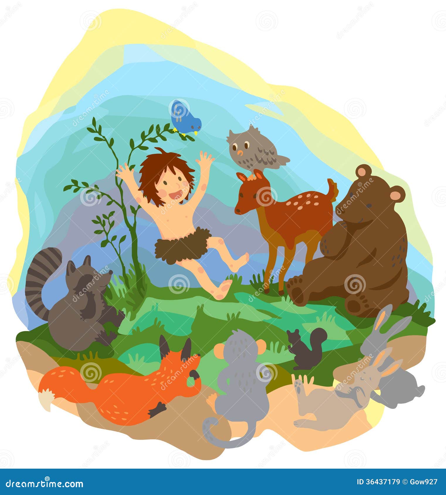 Cute Boy In The Jungle Frame For Kids Vector.