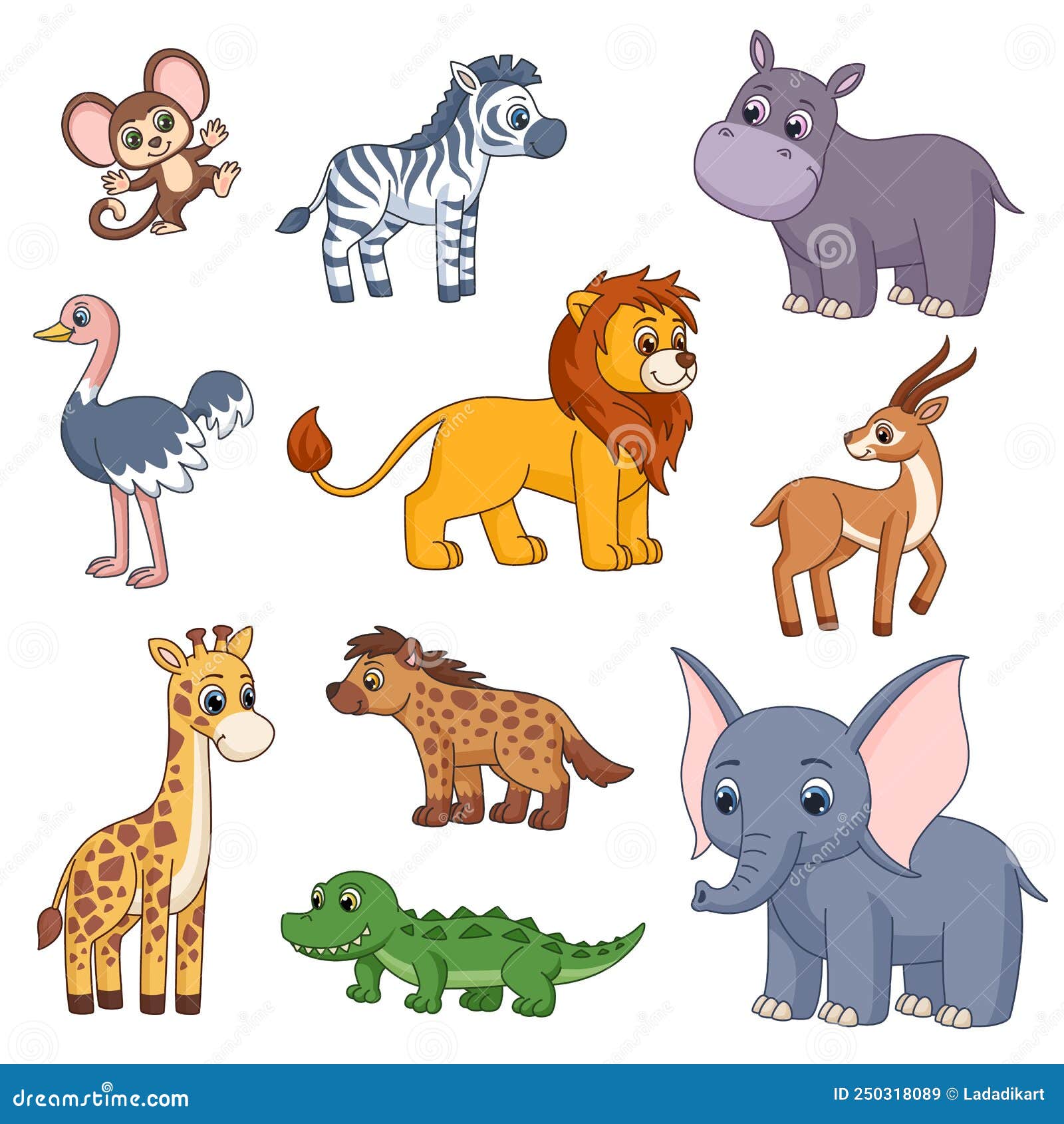 Cute Jungle Cartoon Animals. Safari Animal, Isolated Giraffe, Lion and  Zebra. Kids Hippo and Monkey Stock Vector - Illustration of cartoon, hyena:  250318089
