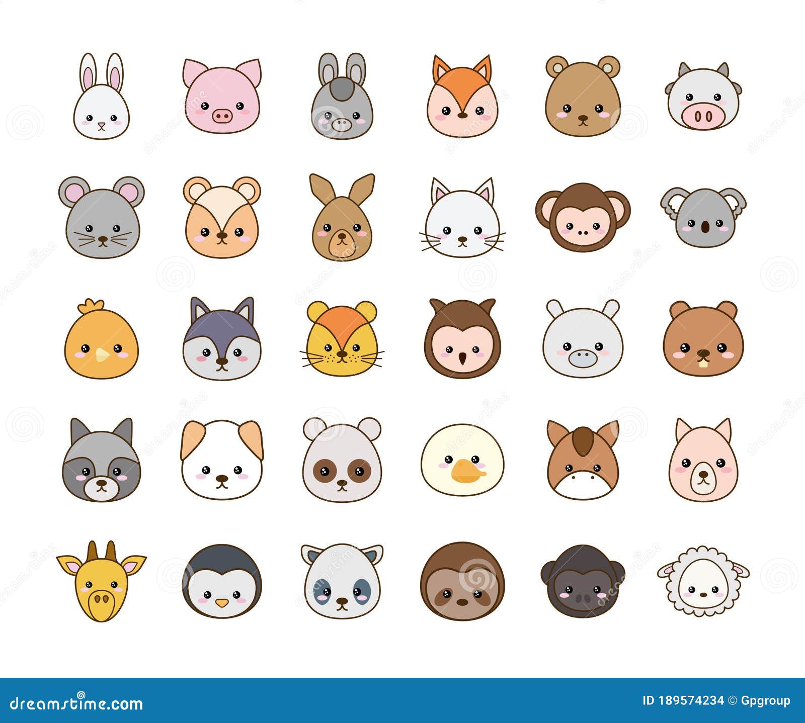 Cute Kawaii Animals Cartoons Line and Fill Style Icon Set Vector Design  Stock Vector - Illustration of animals, panda: 189574234