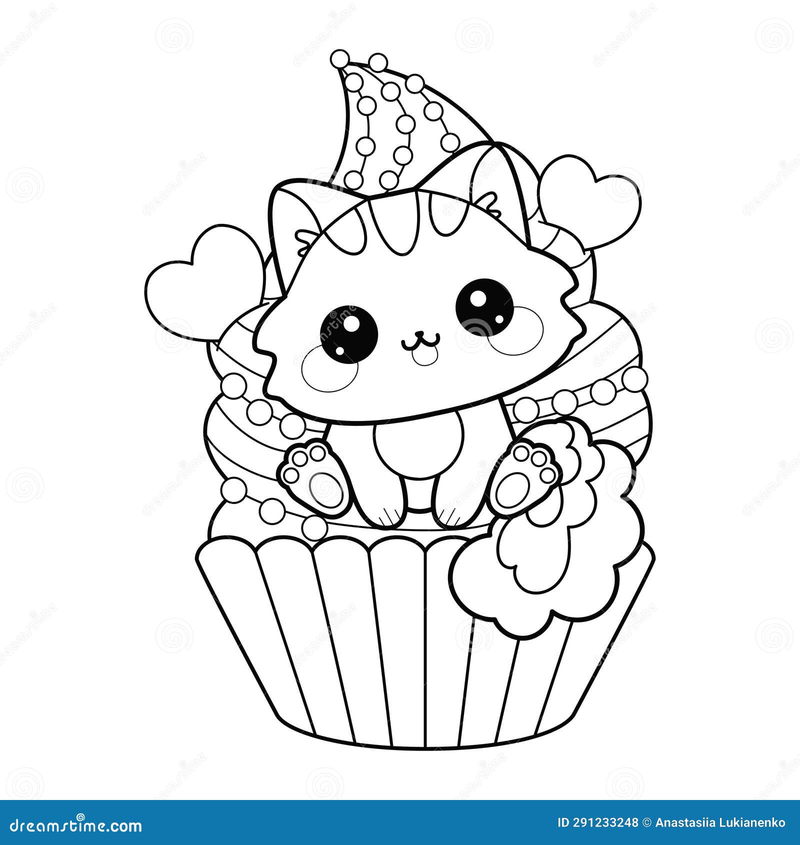 Cute Kawaii Cat on a Cupcake. Black and White Line Drawing. Vector ...