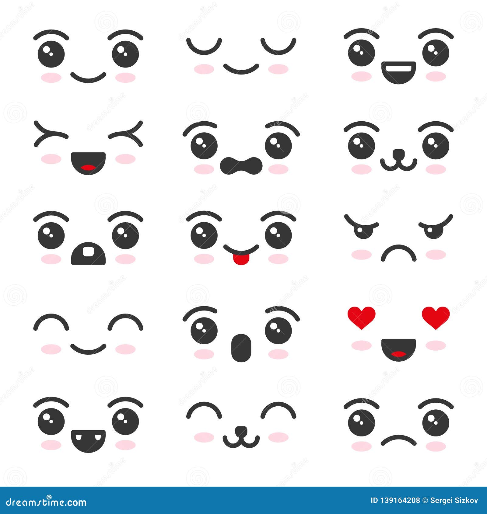 Cute Kawaii Face Icon Set on White Background. Vector Stock Vector ...