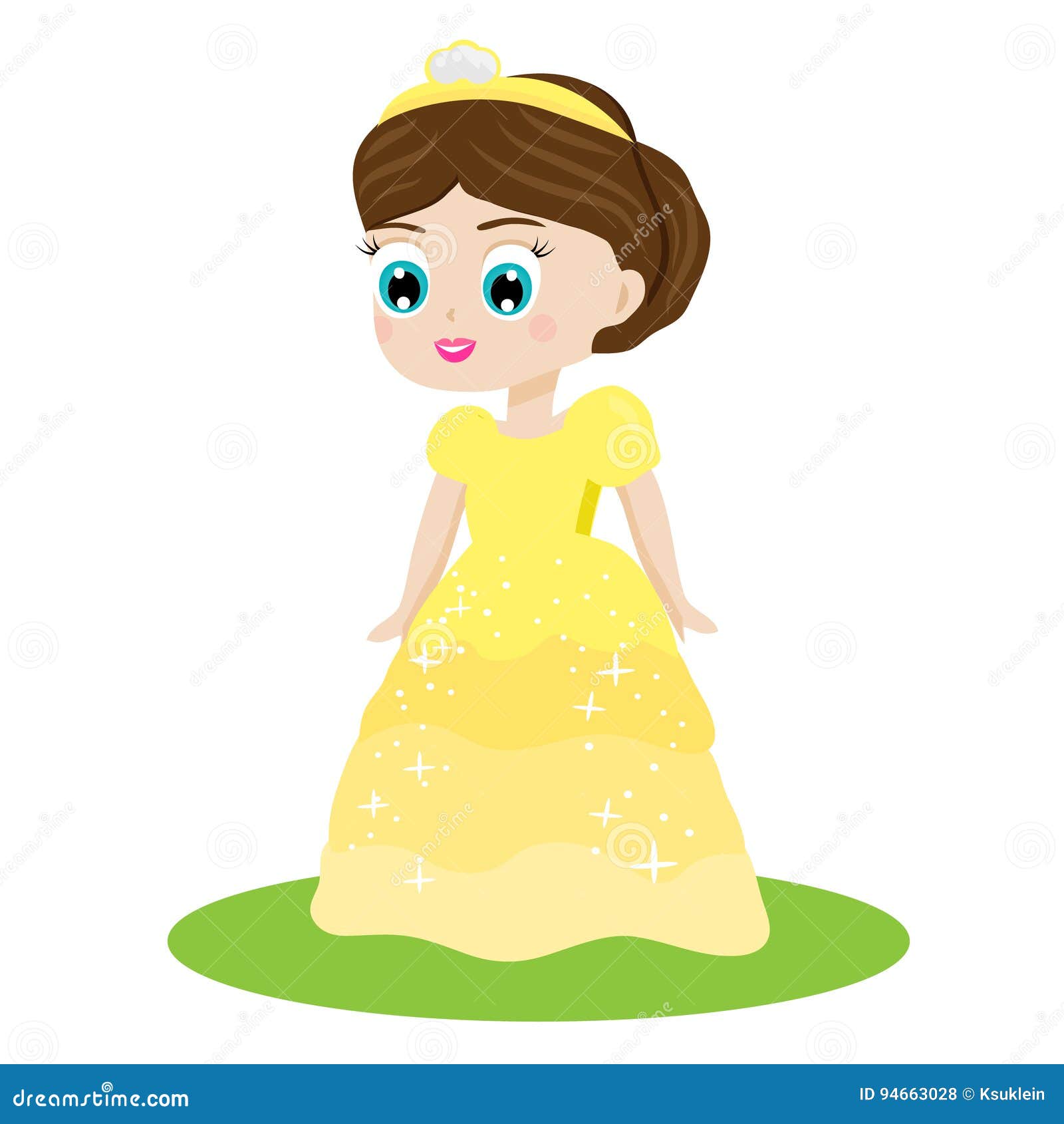 Cute Kawaii Fairy Tale Princess in Yellow Dress and Crown. Girl in ...