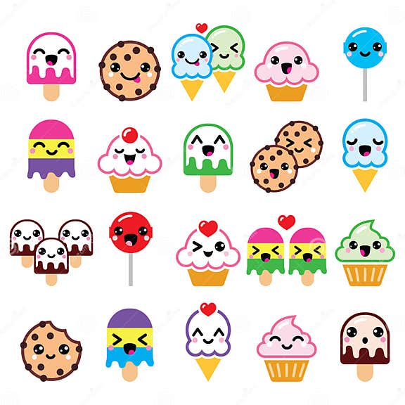 Cute Kawaii Food Characters - Cupcake, Ice-cream, Cookie, Lollipop ...