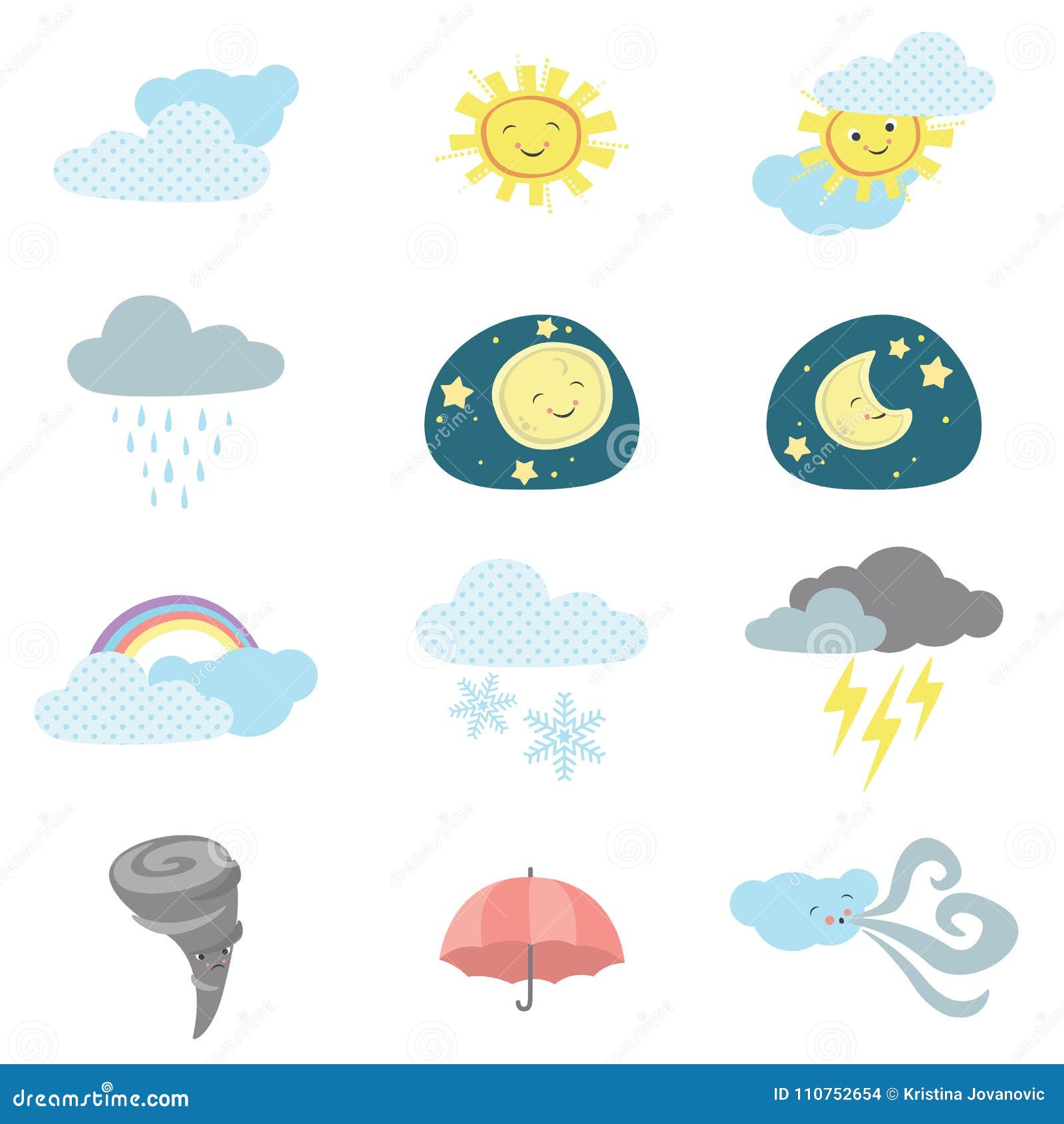 Download Cute Kawaii Style Weather Icons Stock Vector Illustration Of Storm White 110752654