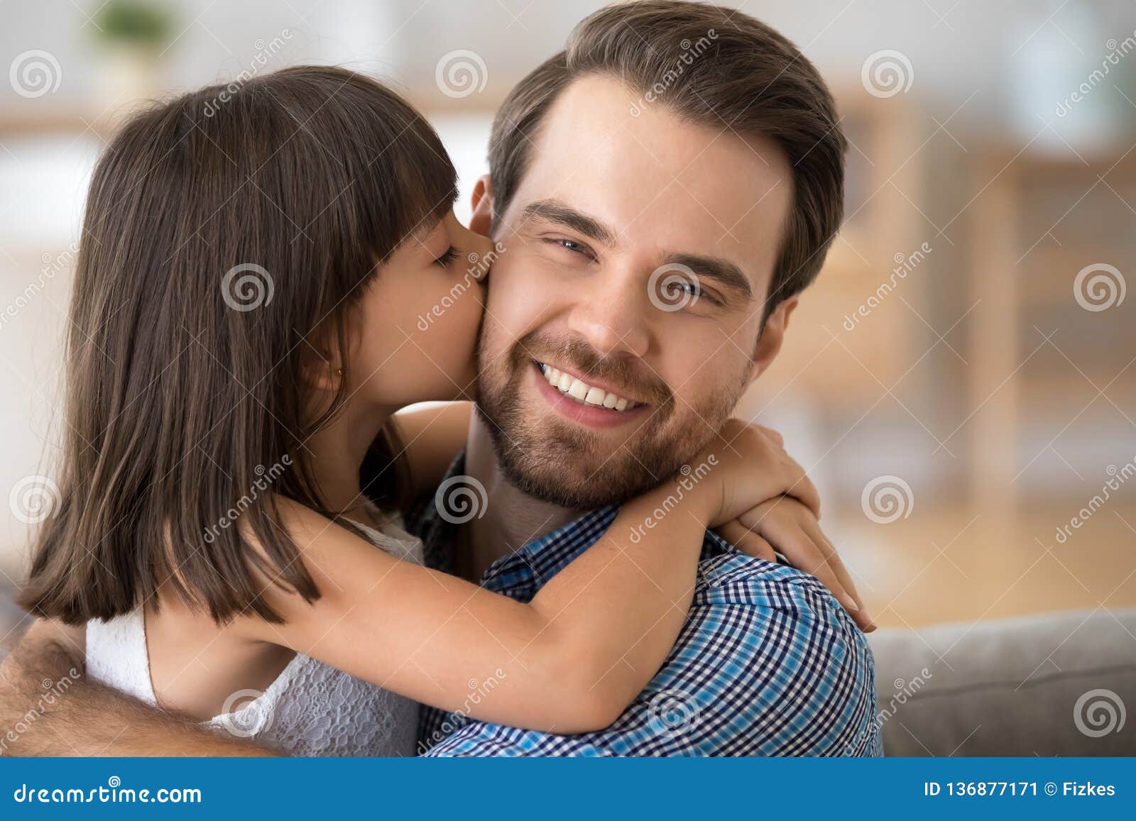 Cute Kid Daughter Embracing Kissing Young Happy Dad on Cheek Stock ...