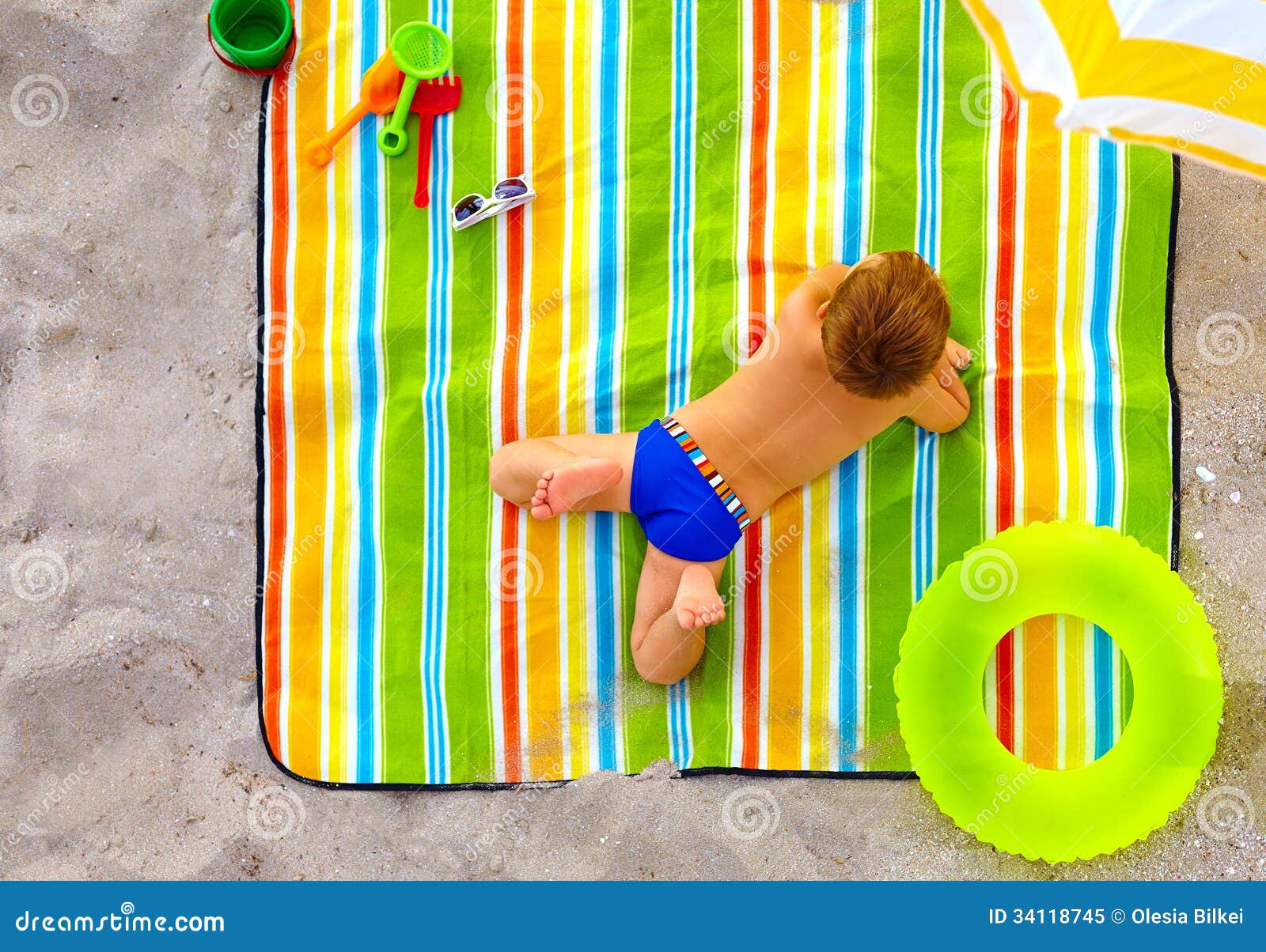 Cute Kid Sunbathing on Colorful Beach Stock Image Image of person