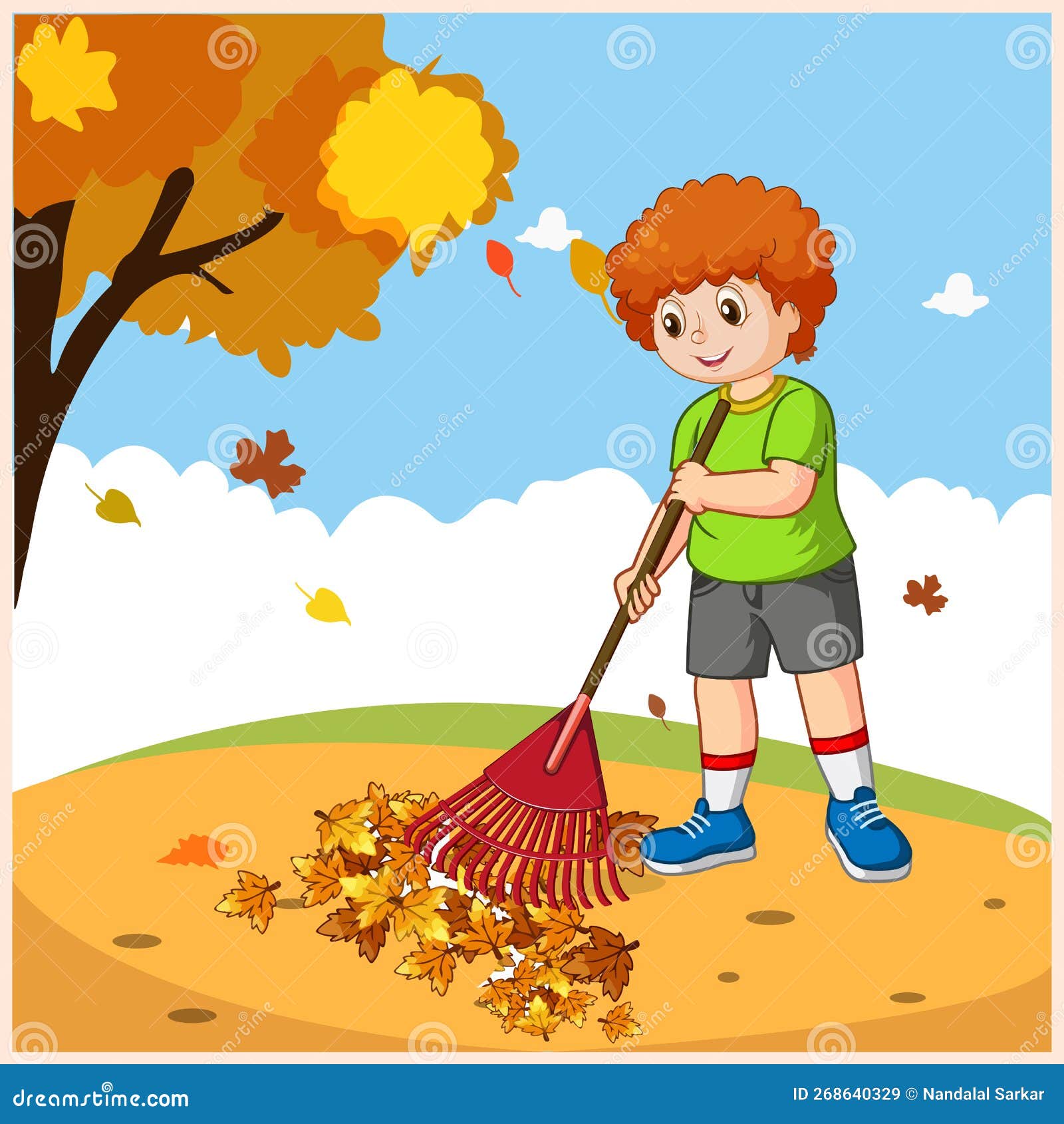 Cute Kids Cleaning Leaves in the Autumn Vector Illustration Stock ...