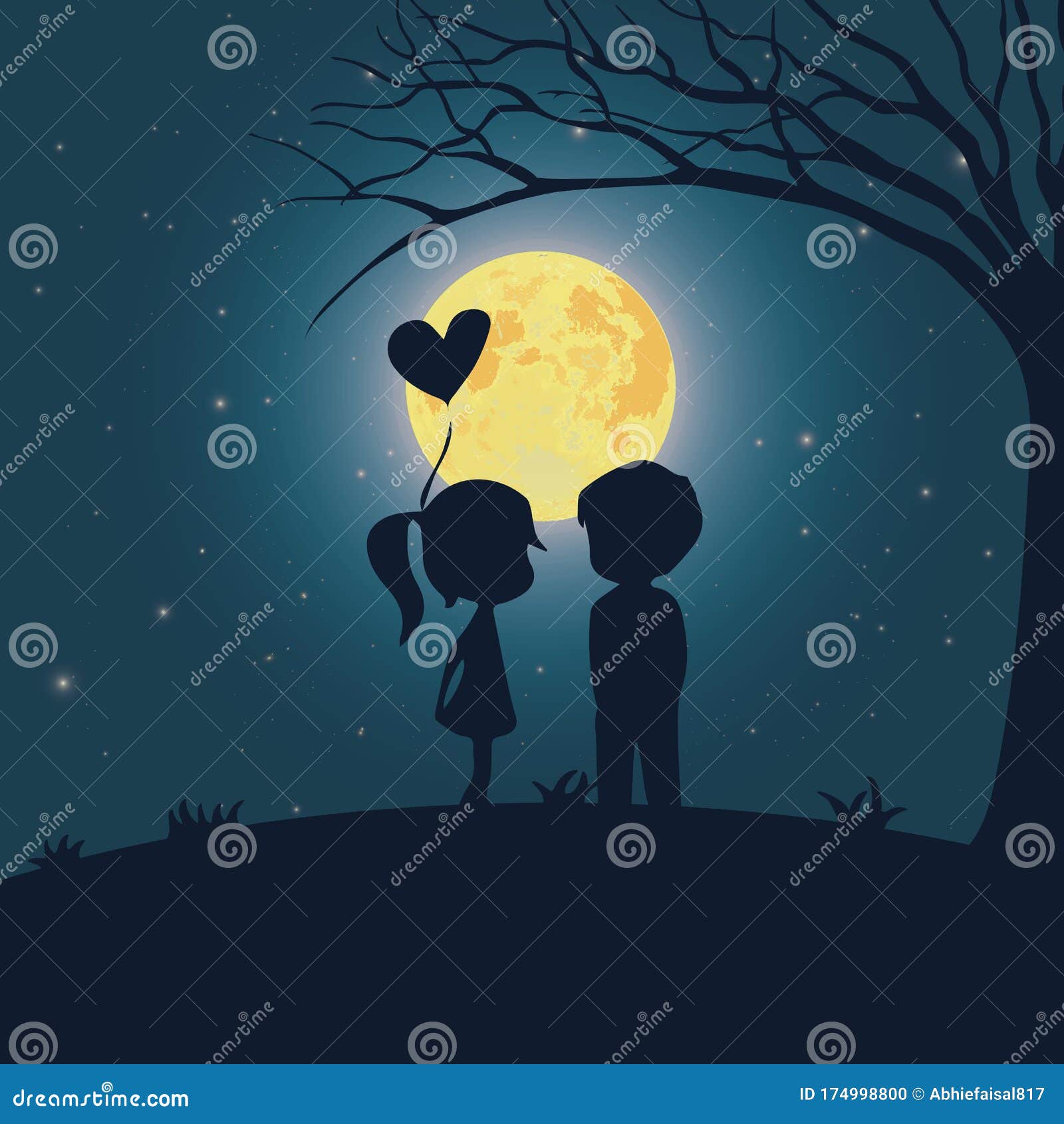 Cute Kids Couple Romantic Silhouette with Full Moon in the Night Cartoon  Vector Illustration Stock Vector - Illustration of abstract, dark: 174998800