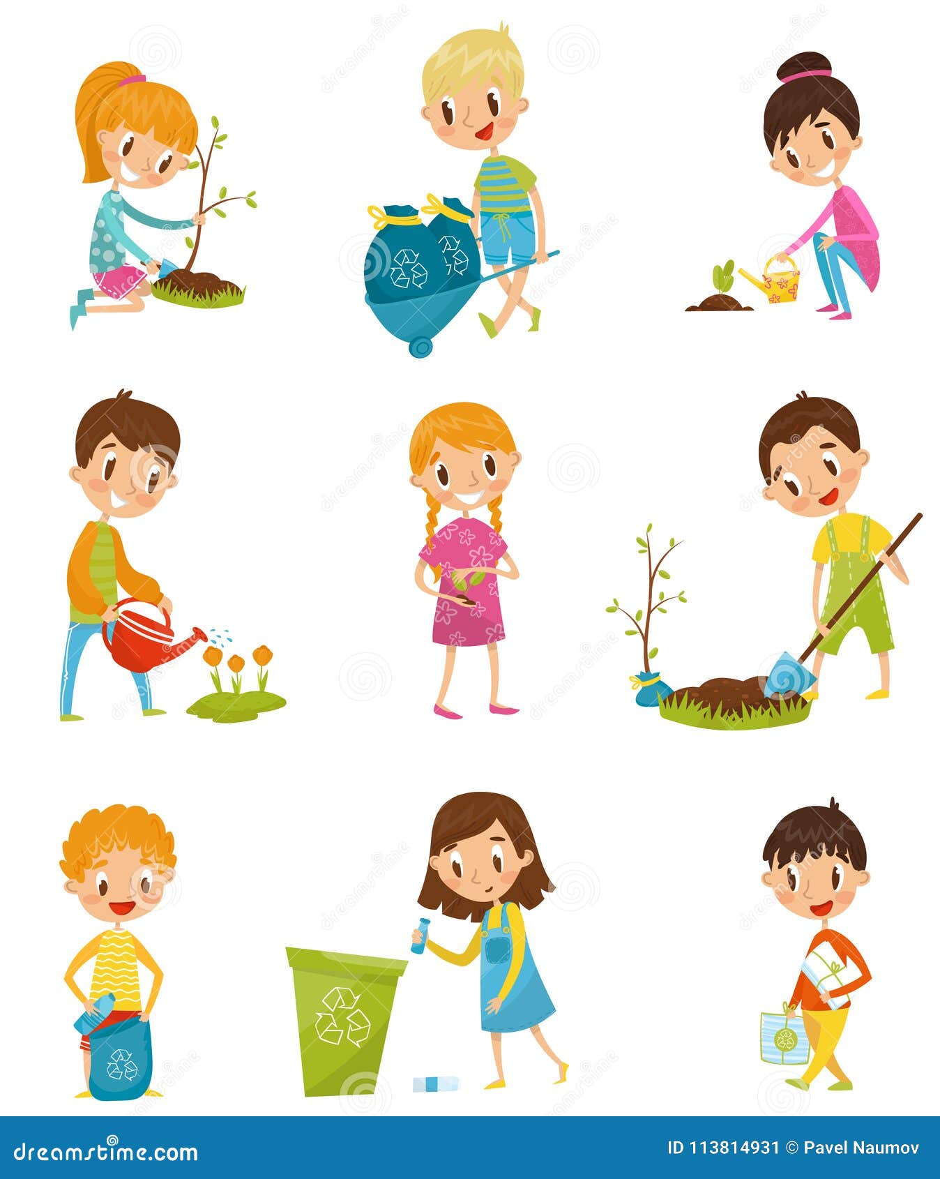 Cute Kids Gardening and Picking Up Garbage Set, Boys and Girls Planted ...