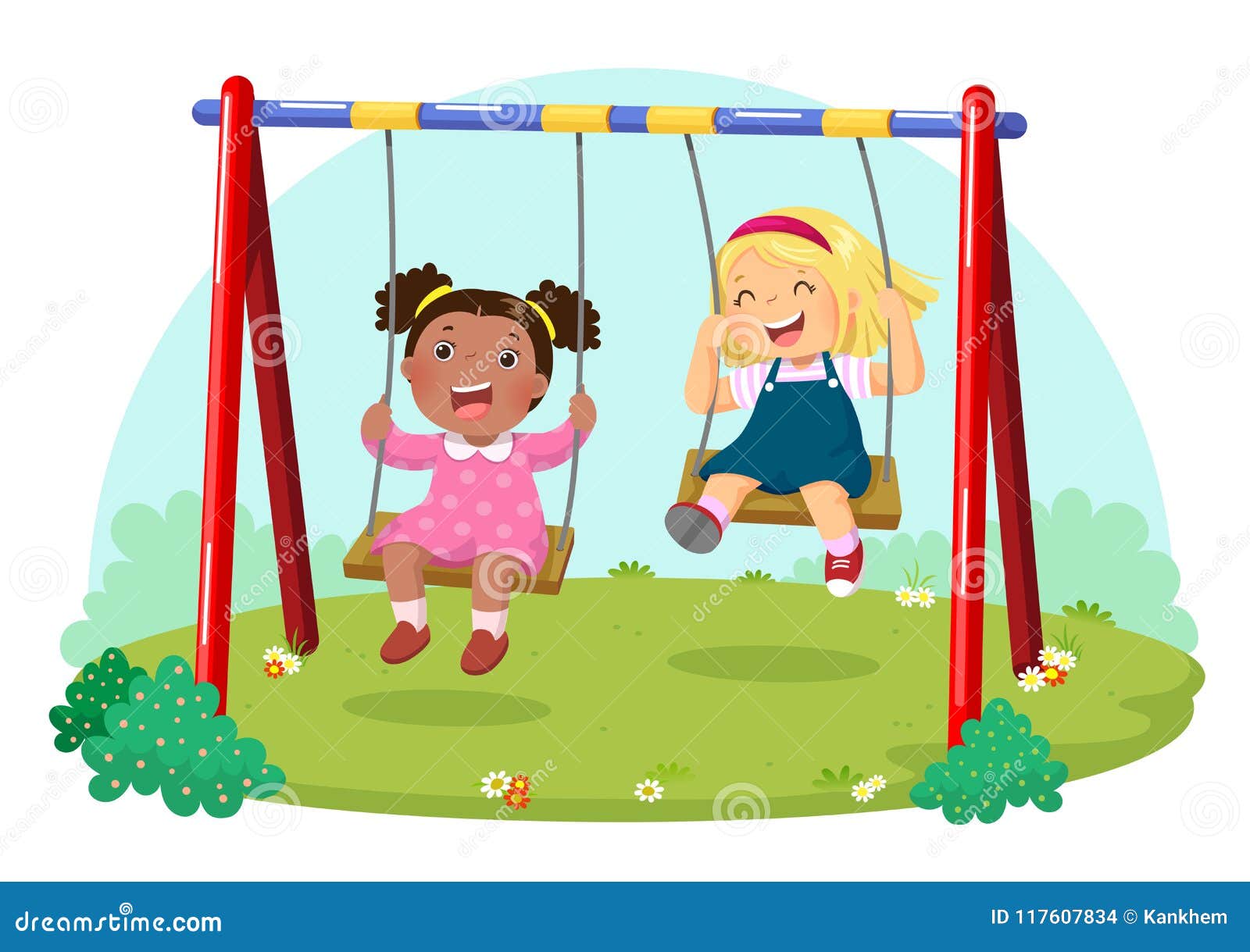 cute kids having fun on swing in playground