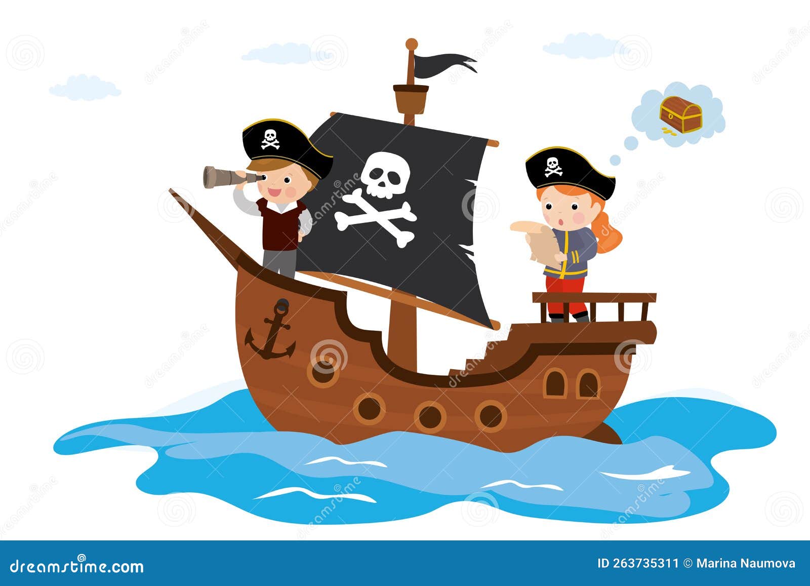 Cute Kids Playing Pirates on Ship. Wooden Corsair Ship at Sea. Funny ...