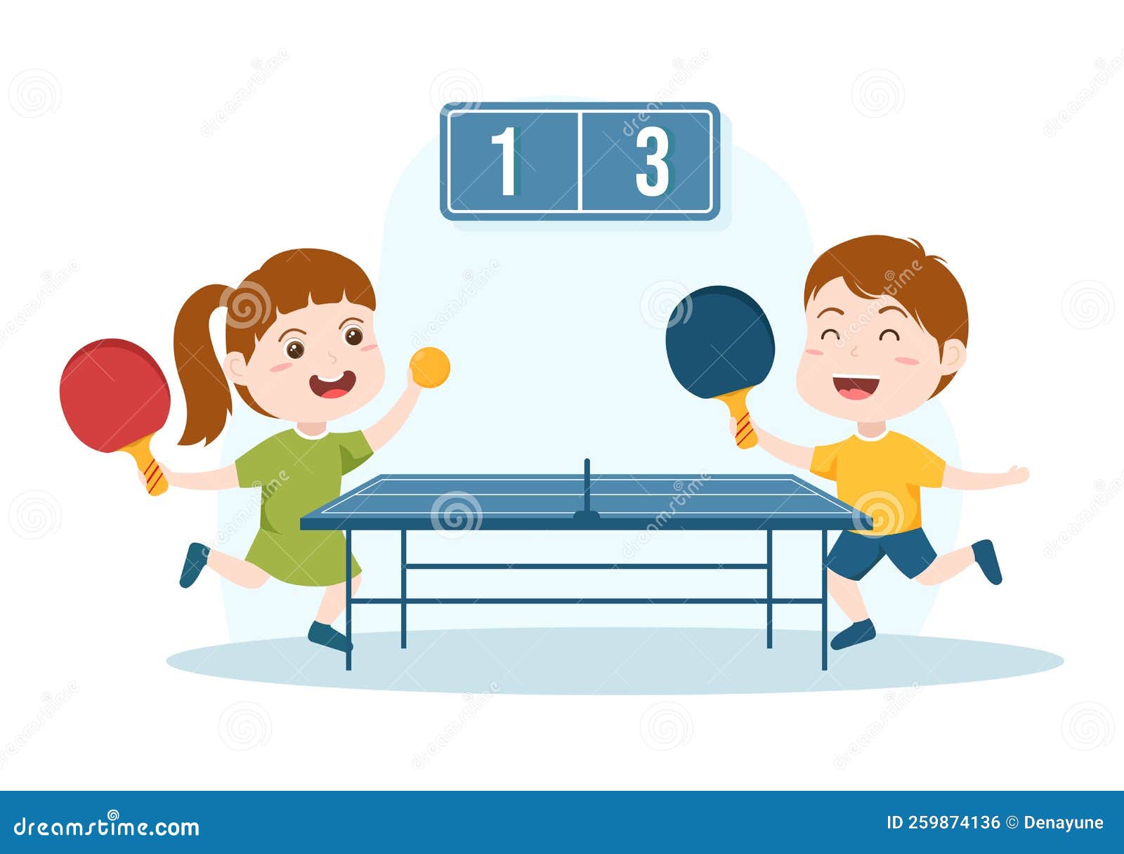 Cute Kids Playing Table Tennis Sports with Racket and Ball of Ping Pong Game Match in Flat Cartoon Hand Drawn Illustration Stock Vector