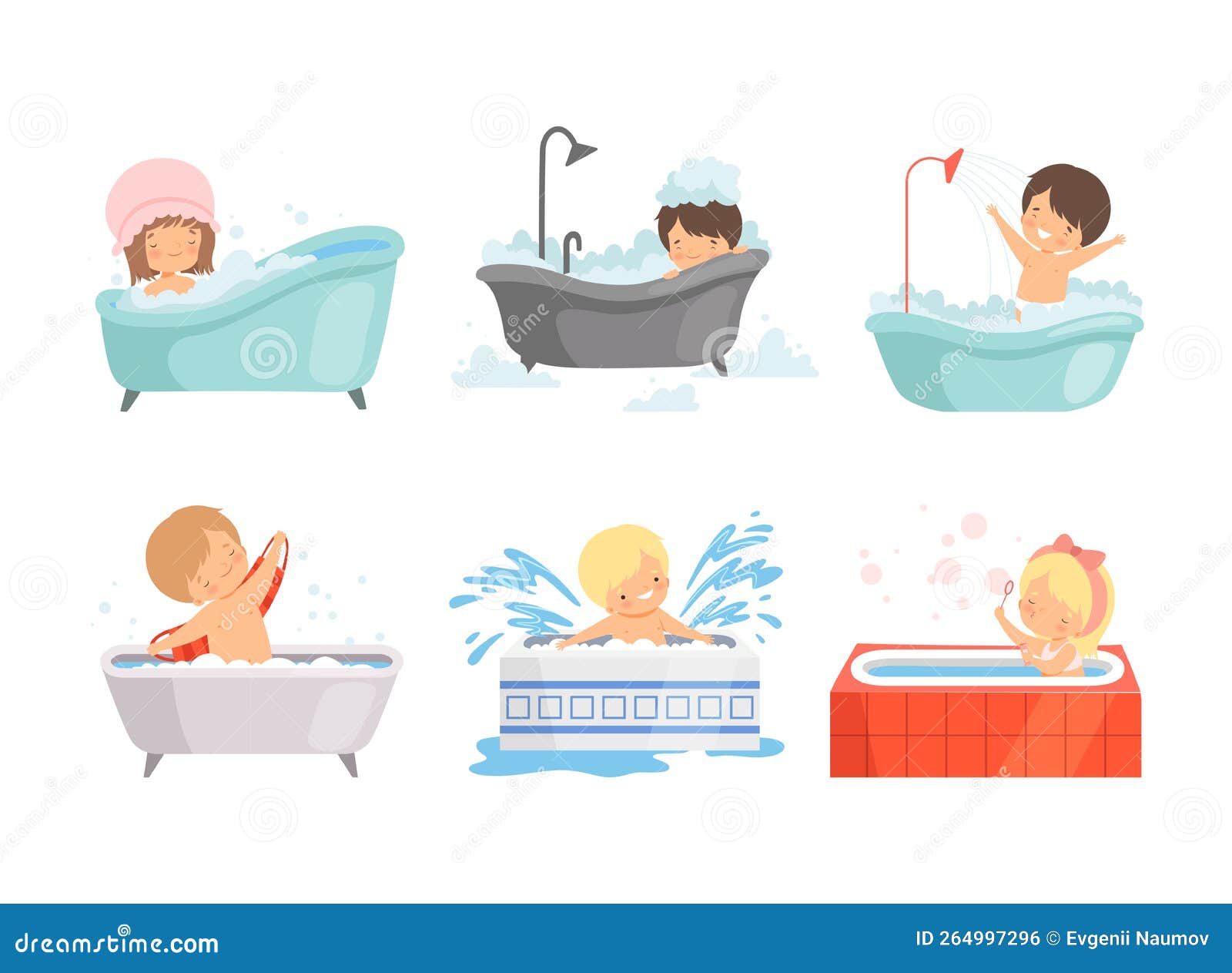 Cute Kids Taking Bath Set. Happy Boys and Girls Sitting in Bathtub with ...