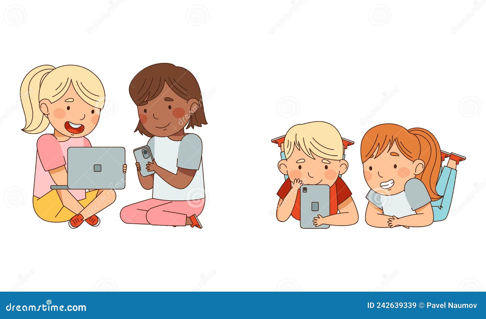 Cute Kids Using Gadgets Set. Boy and Girl Playing Smartphone and
