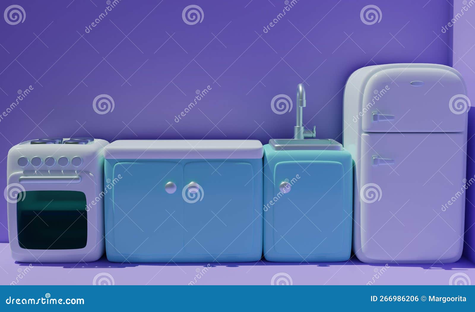 Cute Kitchen in Cartoon Style. 3d Rendering Stock Illustration