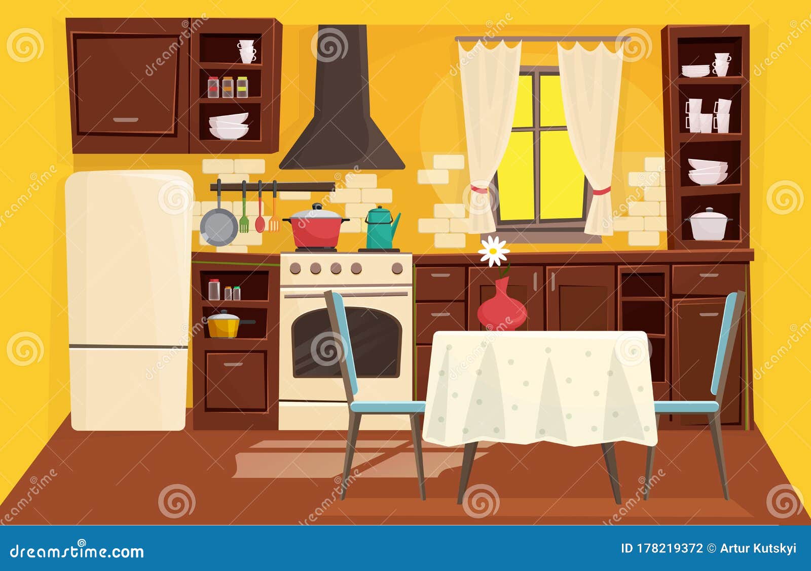 Cute Kitchen Interior Flat Cartoon Vector Illustration Concept