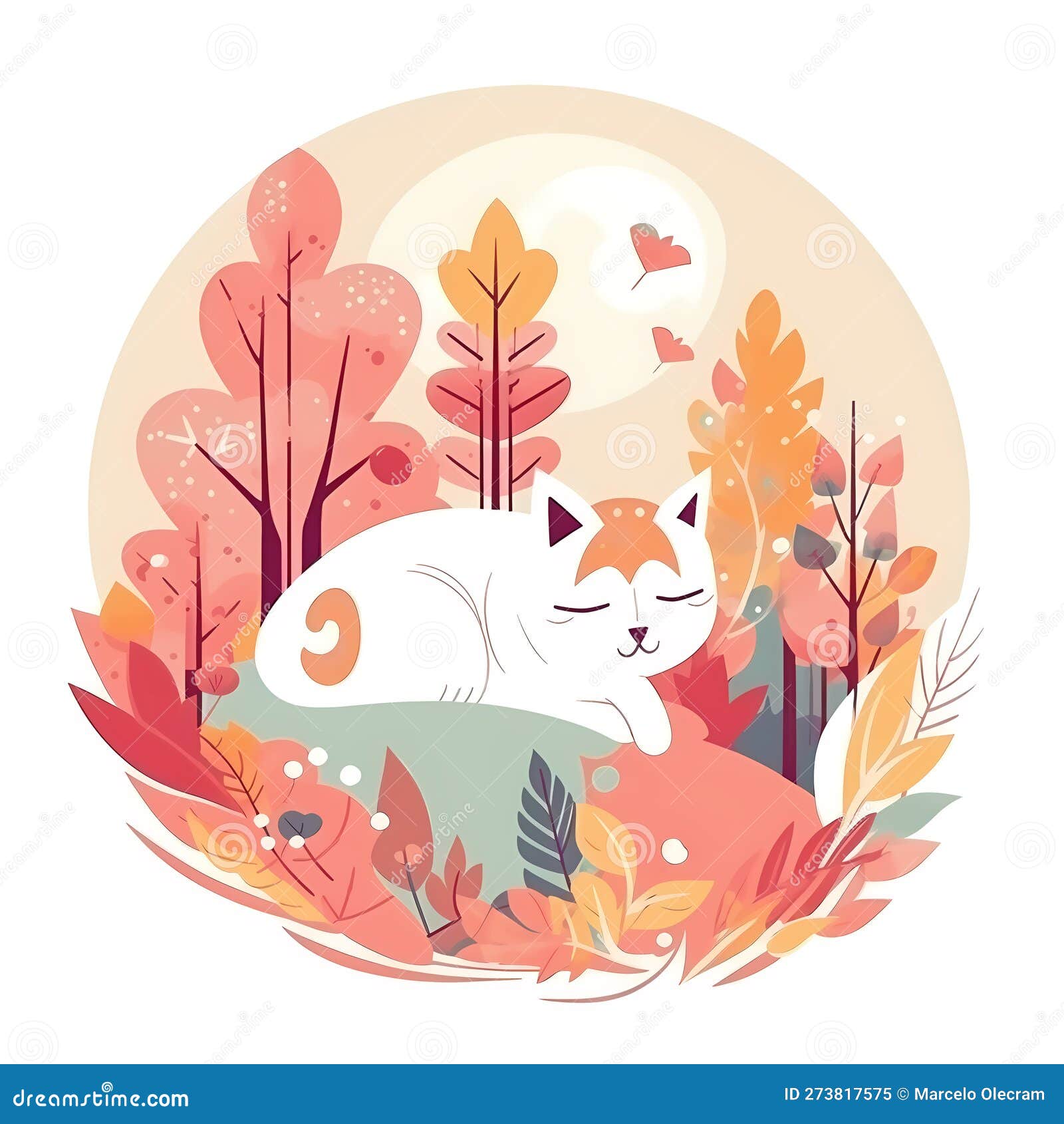 Cute Kitten in a Dreaming Beautiful and Colorful Forest. Kawaii Design ...