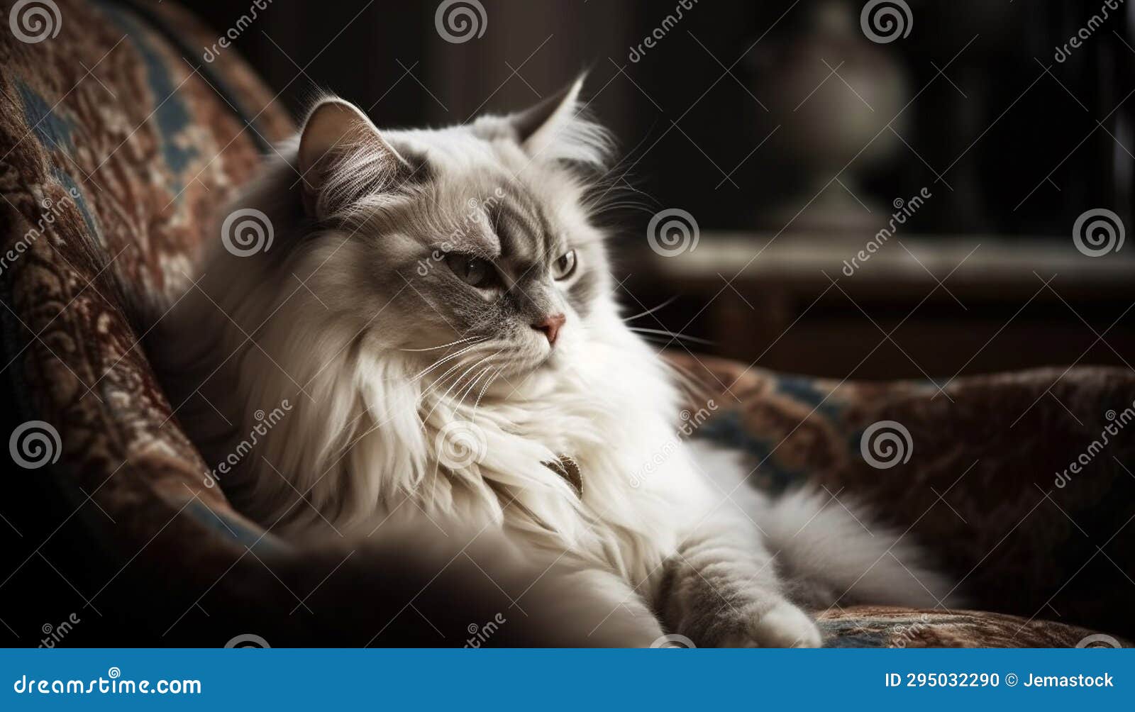 Cute Kitten Resting on Sofa, Looking Comfortable and Fluffy Generated by AI Stock Photo Image