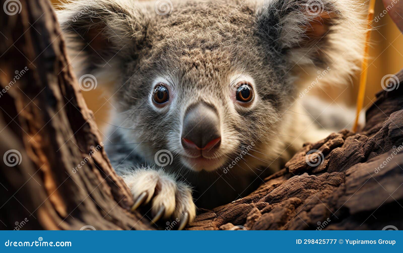 Cute Koala Sitting on Branch, Looking at Camera, Alert Generated by AI