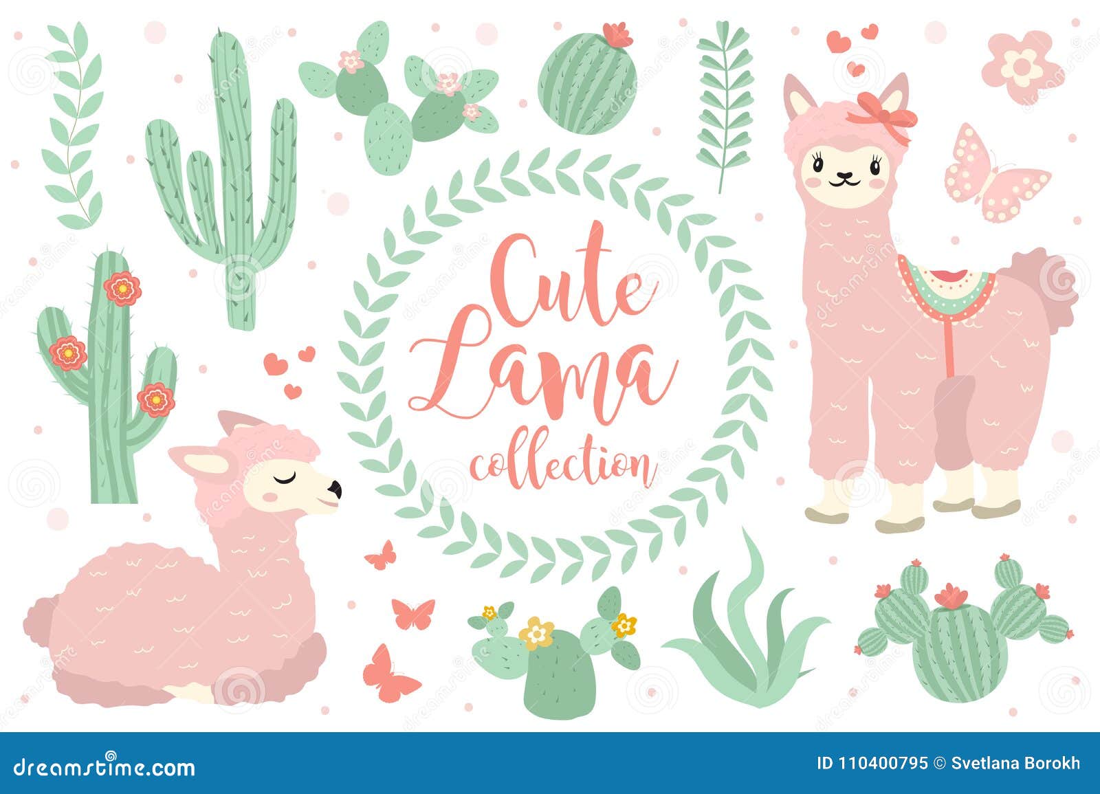 cute lama set objects. collection  s with llama, cactus, lovely flowers.  on white background