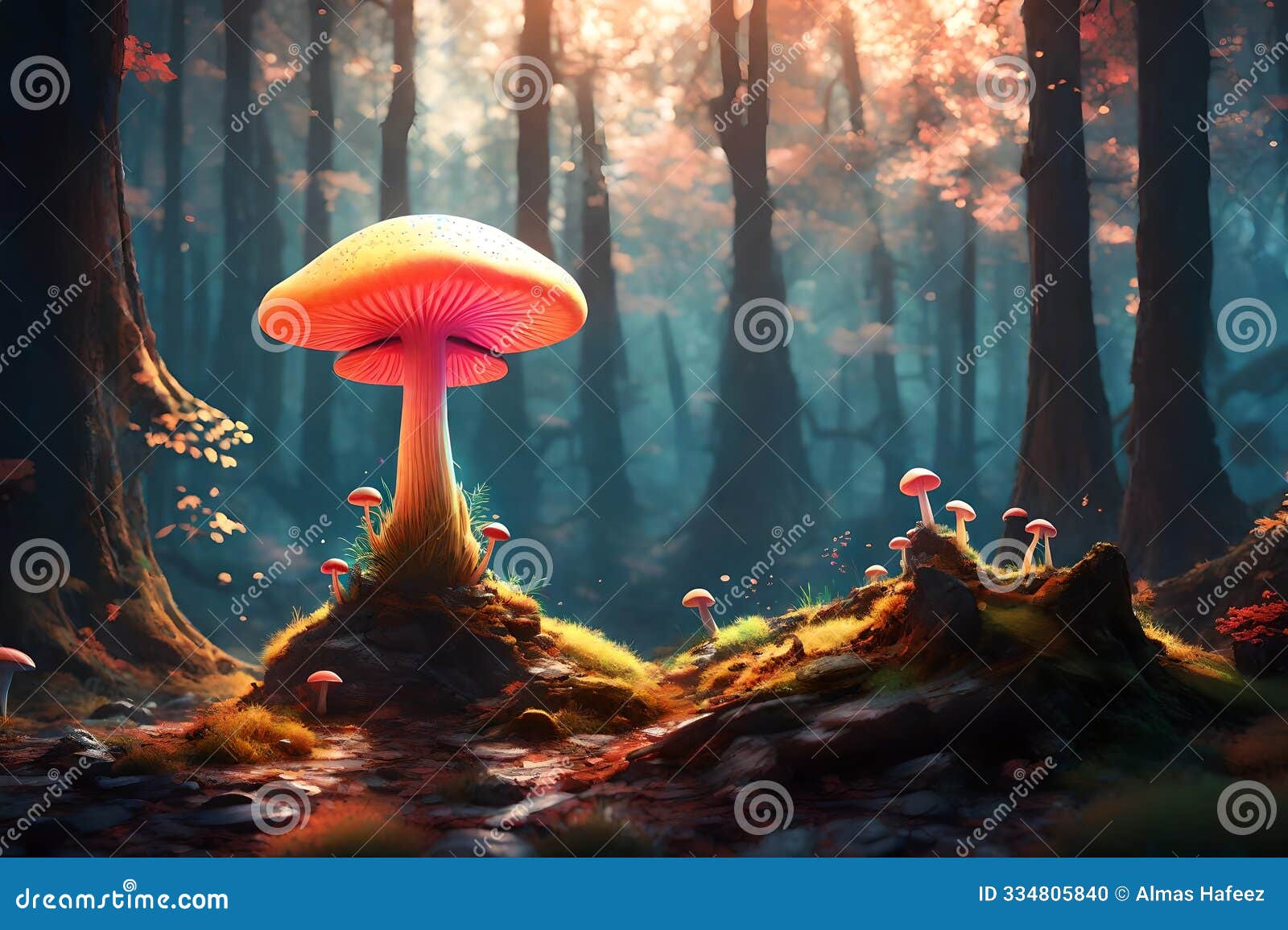 cute large glowing mushroom in the middle of a jungle, creating a fantasy and magical scene