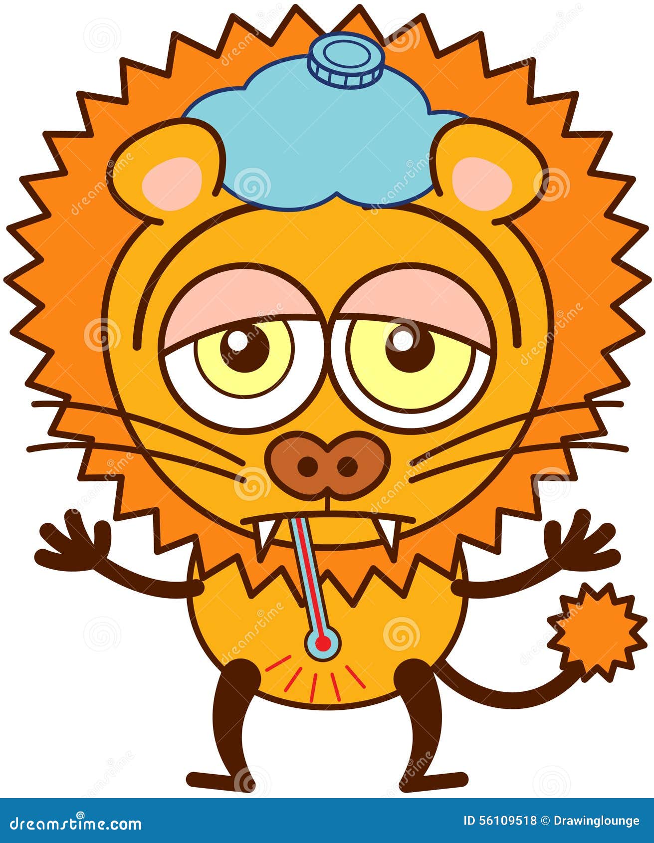 Cute Lion with an Ice Pack and a Thermometer Feeling Sad and Sick Stock