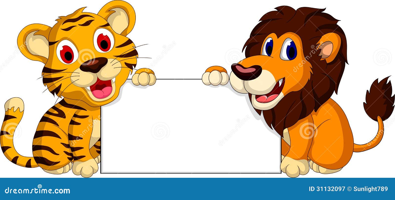 Cute Lion and Tiger Cartoon with Blank Sign Stock Illustration ...