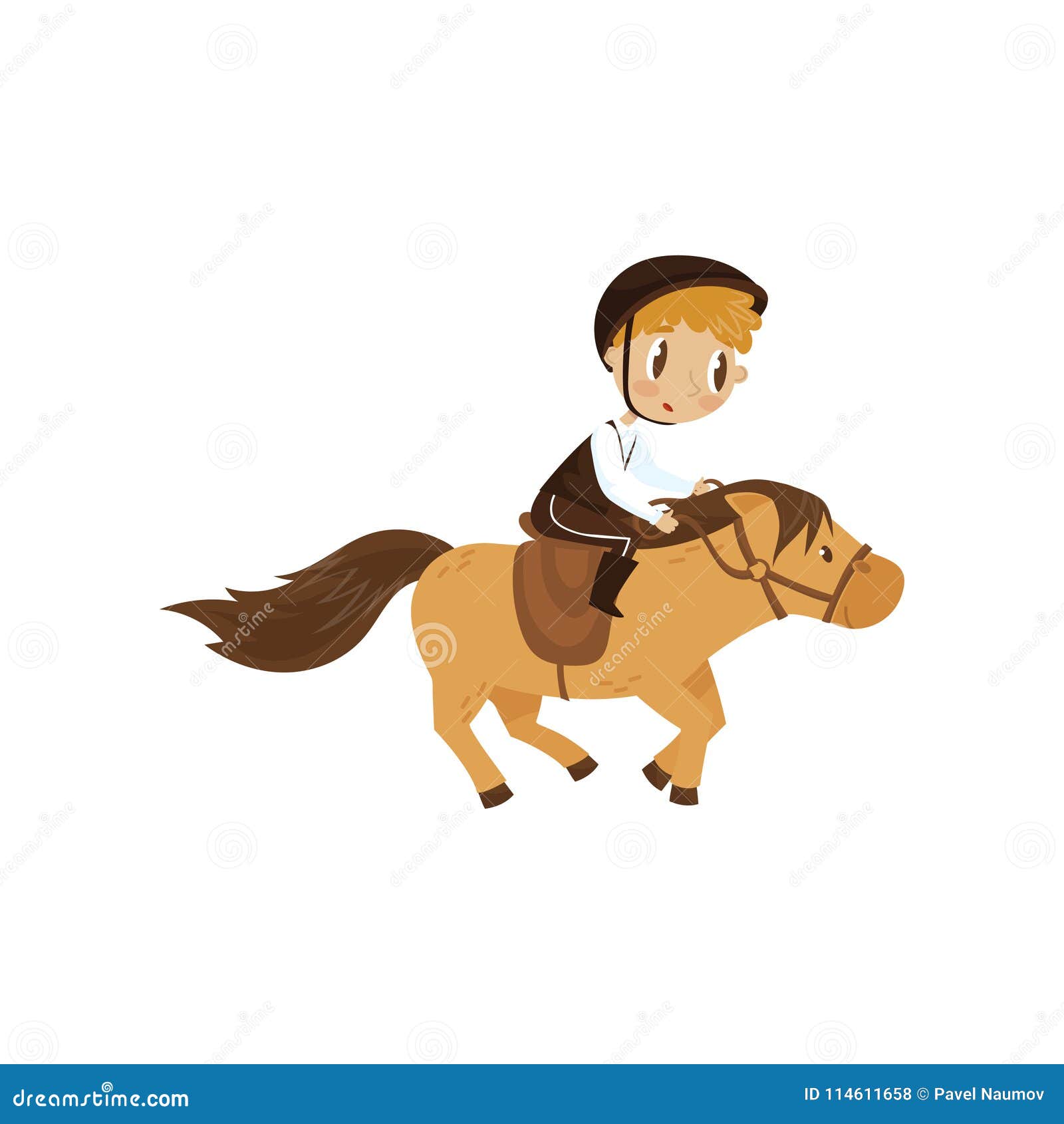Cute Litlle Boy Riding a Horse, Equestrian Sport Concept Cartoon Vector ...