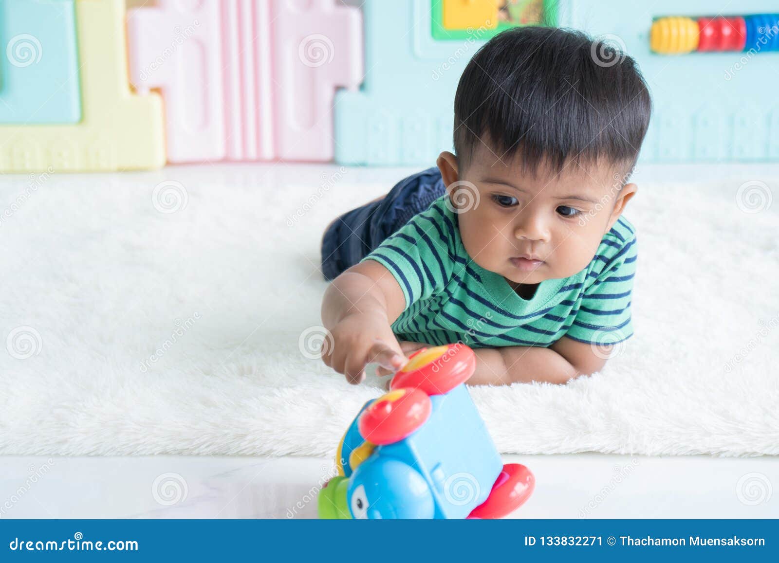 Cute Little Asian Baby Lying Play Toy Car Stock Image Image Of Family