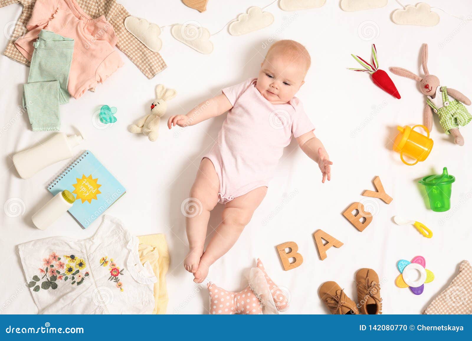 Cute Little Baby with Clothing and Accessories on White Background ...