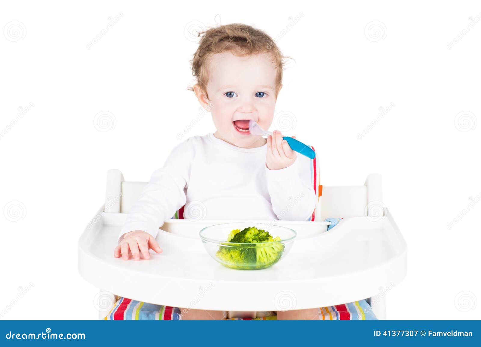 Cute Little Baby Eating Broccoli Stock Image Image of adorable, chair