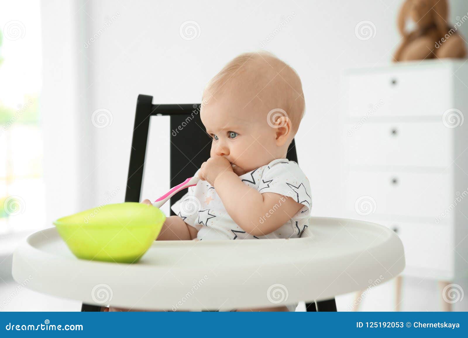 Cute Little Baby Eating in High Chair Stock Image Image of happy