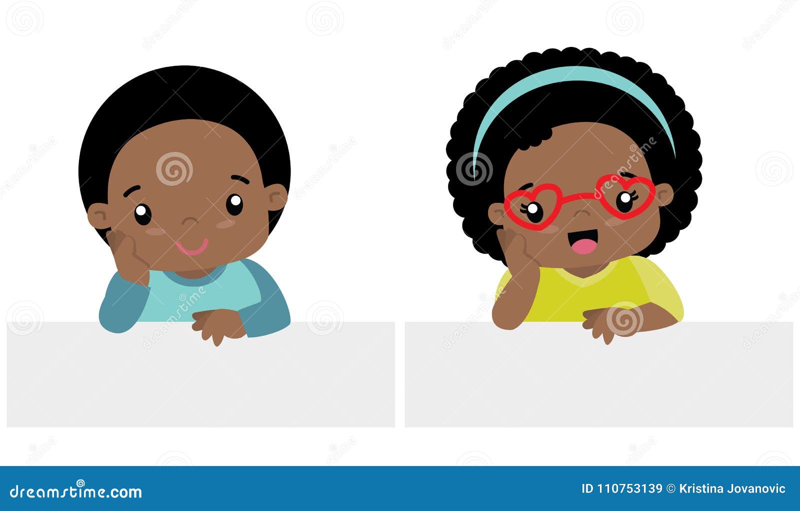 Cute Little Black Boy And Girl Kawaii Style With Banner Set Flat Vector Illustration Isolated On White Stock Vector Illustration Of Kawaii Clip