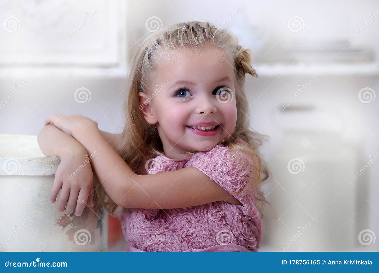 Cute Little Blonde Girl In A Pink Dress With Curls Stock Image Image Of Model Grace 178756165 