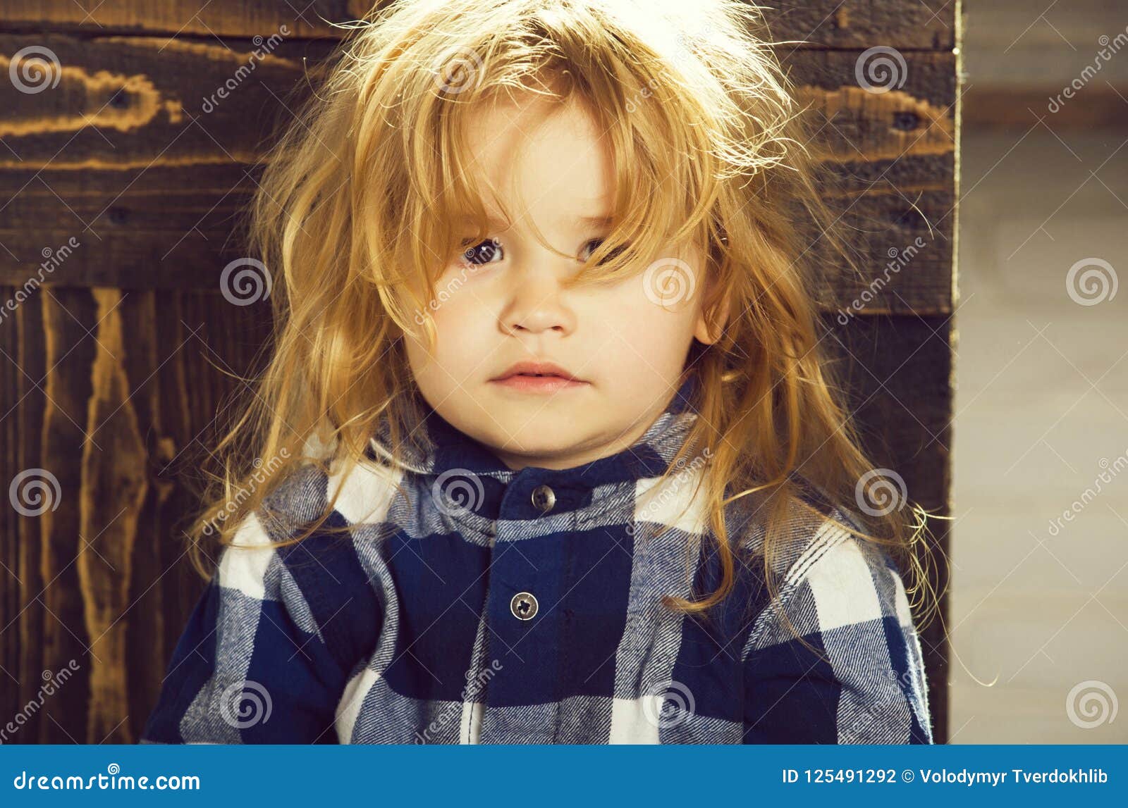 Cute Little Boy With Blonde Hair In Blue Checkered Shirt Stock