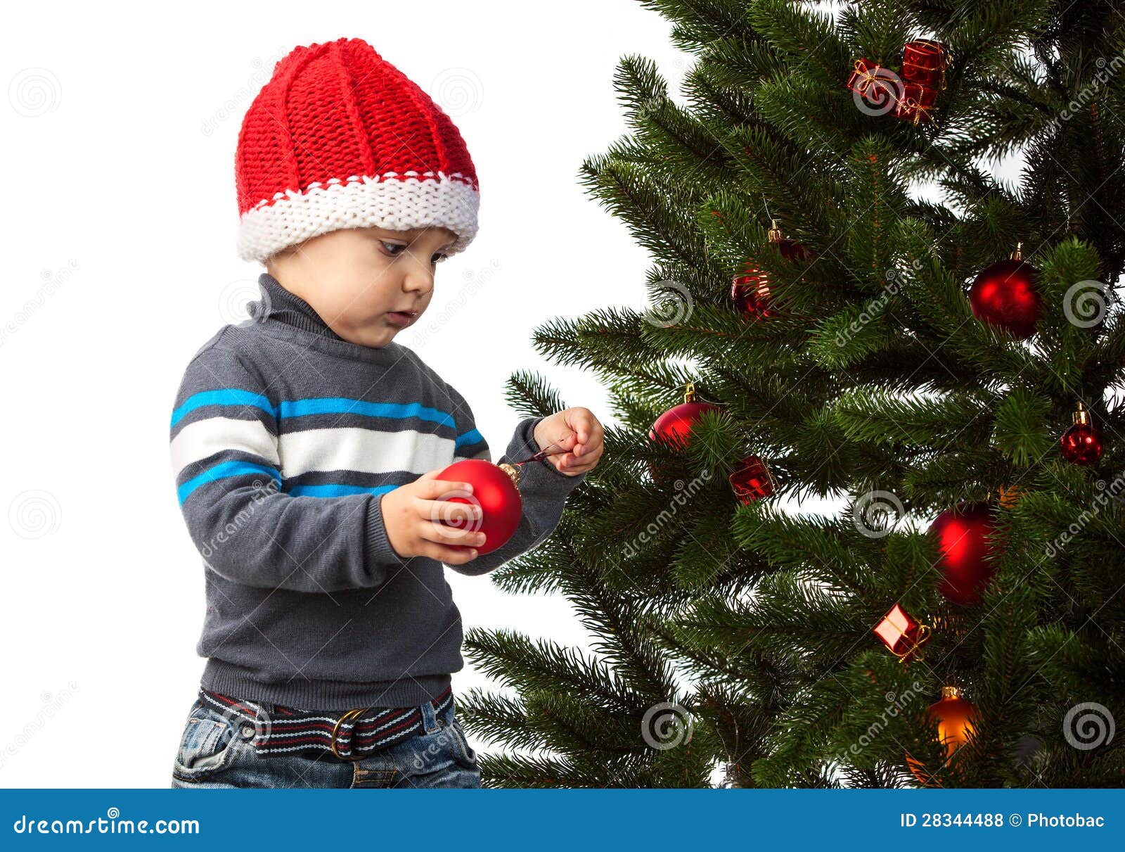 Cute Little Boy Decorating Christmas Tree Stock Photo Image of